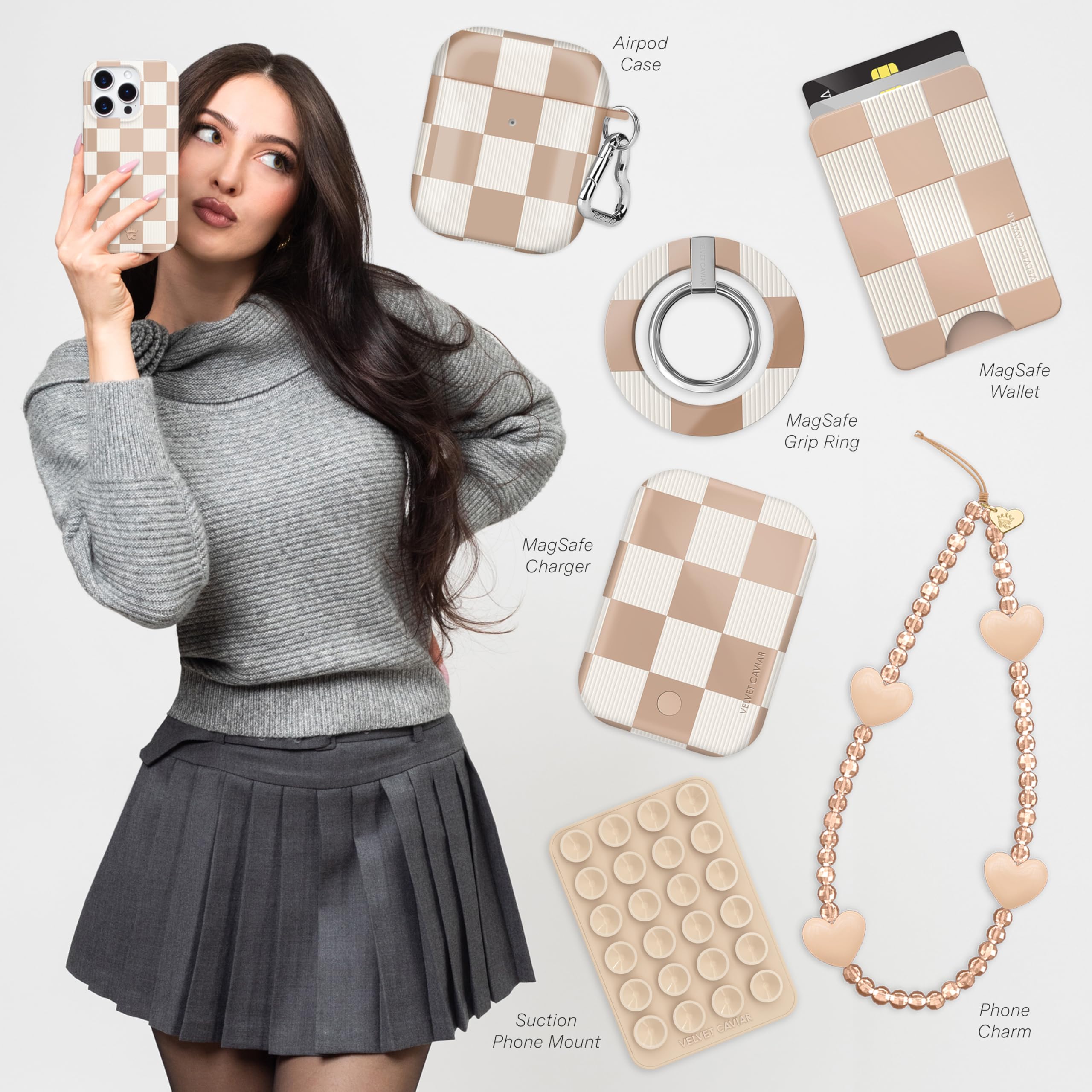 VELVET CAVIAR Checkered iPhone 15 Pro Max Case for Women - MagSafe Compatible Protective Cover - 10ft Military-Grade Drop Protection - Cute Girly Nude Neutral Aesthetic Designer Phone Case - Perfect for Everyday Use, Work, Travel & Fashion Accessory