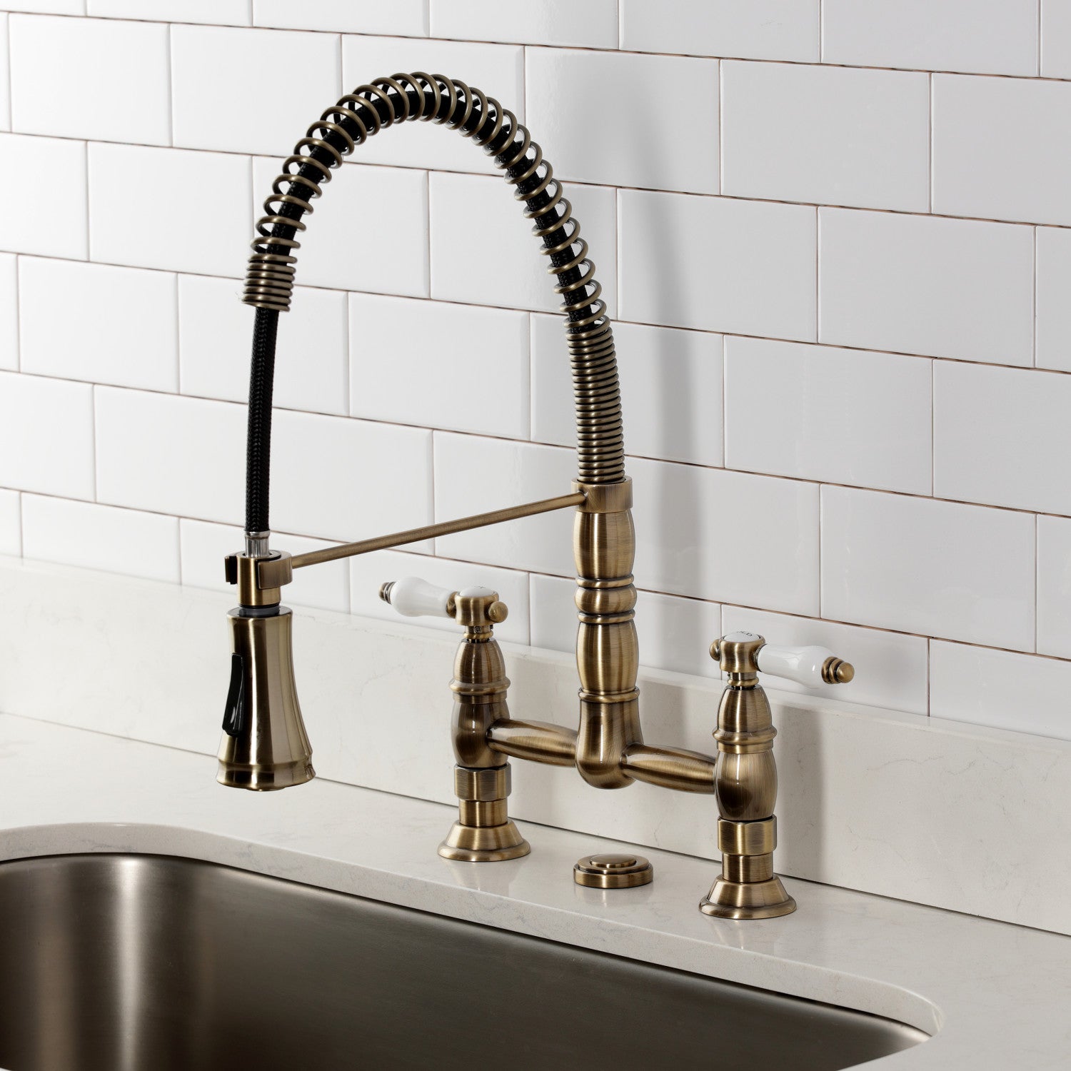 Bel Air GS1273BPL Antique Brass Double Handle 2 Hole Deck Mount Pre Rinse Bridge Kitchen Faucet - Perfect for Commercial Style Kitchens & Restaurant Prep Areas