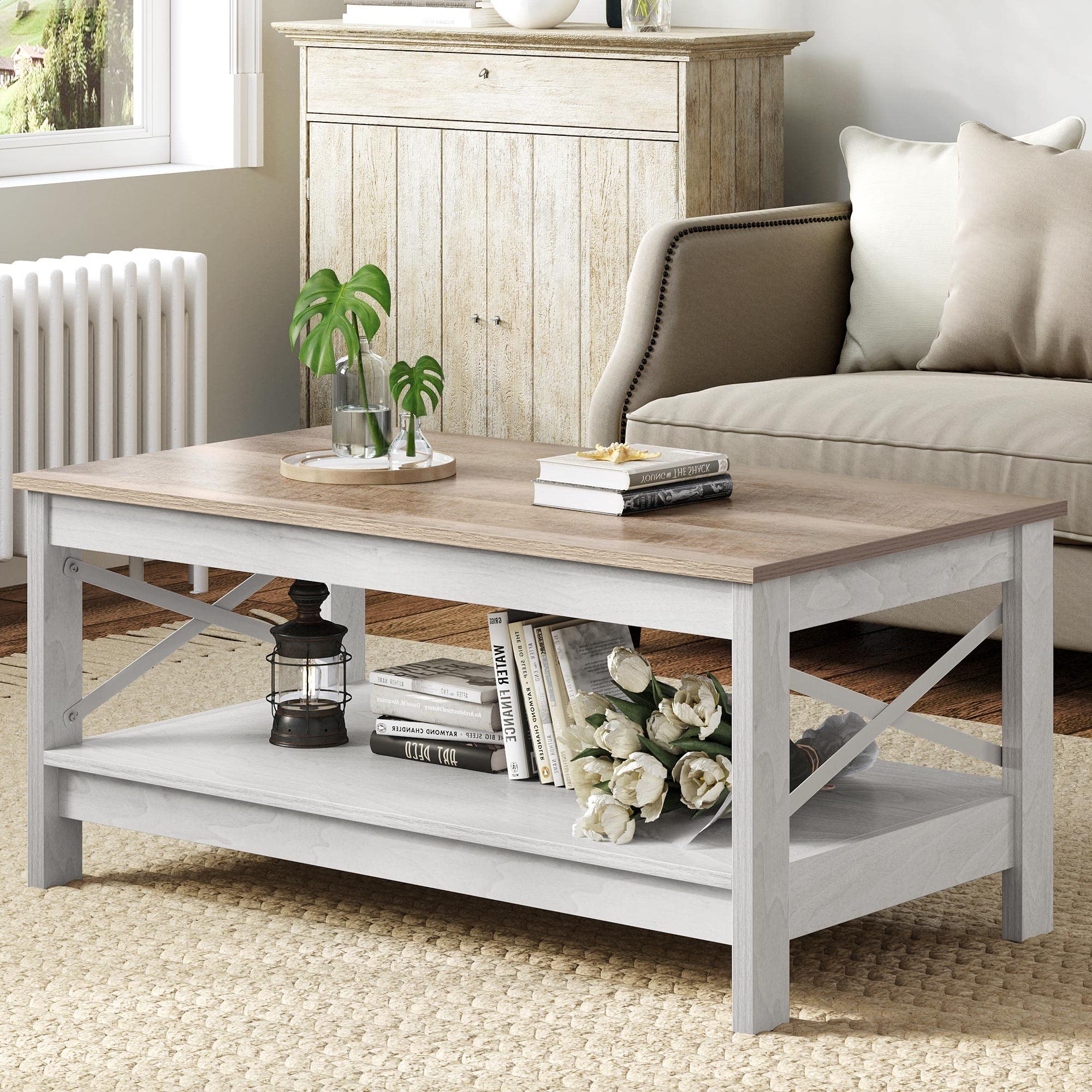 Modern Farmhouse Coffee Table with Storage - 2-Tier Wooden Living Room Center Table, Grey Wash, Sturdy Frame | Accent Cocktail Table for Living Room, Farmhouse Decor, Small Space Furniture