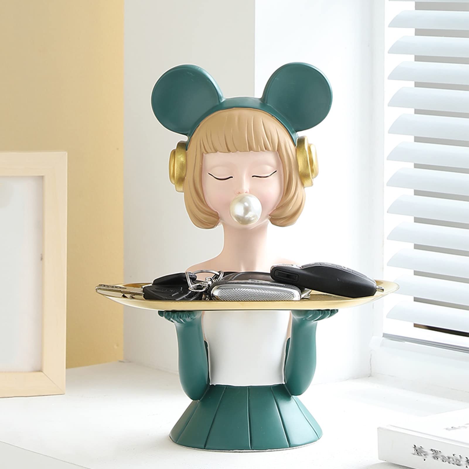 JKGHK Creative Storage Sculpture - Cute Girl Resin Figurine with Storage Tray, Modern Home & Office Desk Decor for Organizing Candy, Keys, Jewelry - Perfect for Bedroom, Living Room & Gift Giving (Green)