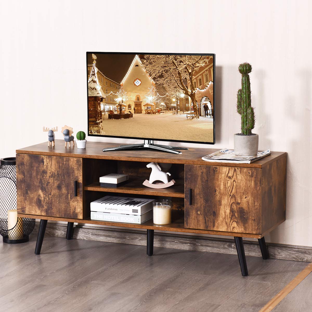 Tangkula 55 Inch TV Stand with 2 Cabinets & 2 Open Shelves - Mid Century Modern Wood Entertainment Center for Living Room, Rustic Brown - Perfect for Boho, Farmhouse & Rustic Home Decor