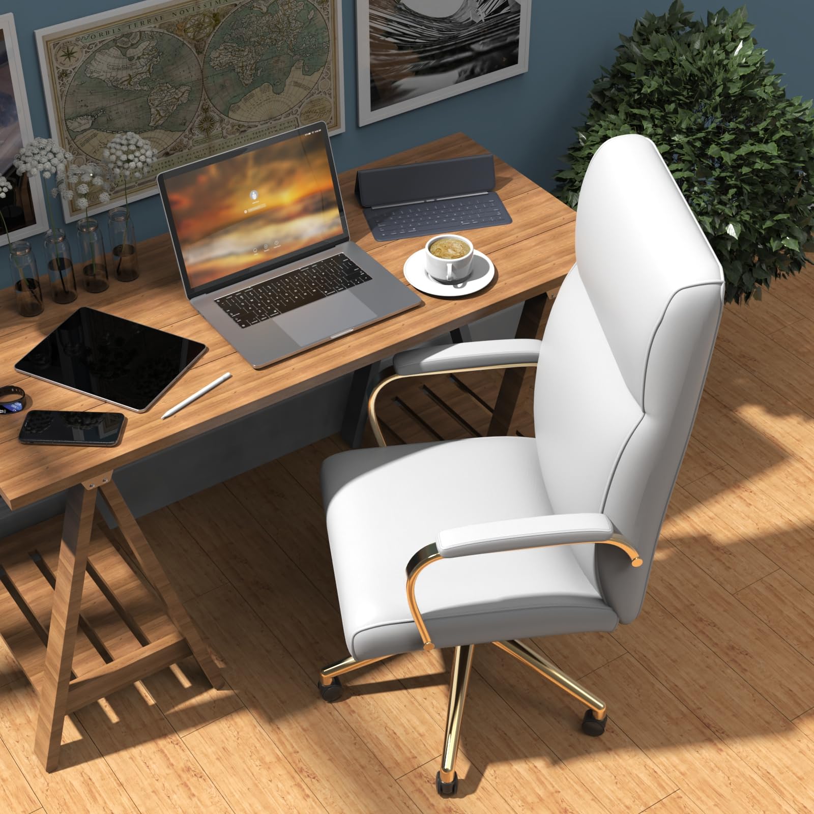 MUZII White PU Leather Executive Office Chair with Arms & High Back Support - 360° Swivel Ergonomic Desk Chair for Big & Tall Professionals - Perfect for Conference Rooms, Home Offices & Workspaces
