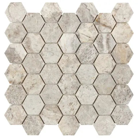Premium Silver Travertine 2 Inch Hexagonal Mosaic Tile – Natural Tumbled Finish for Bathroom, Kitchen Backsplash & Pool Decking