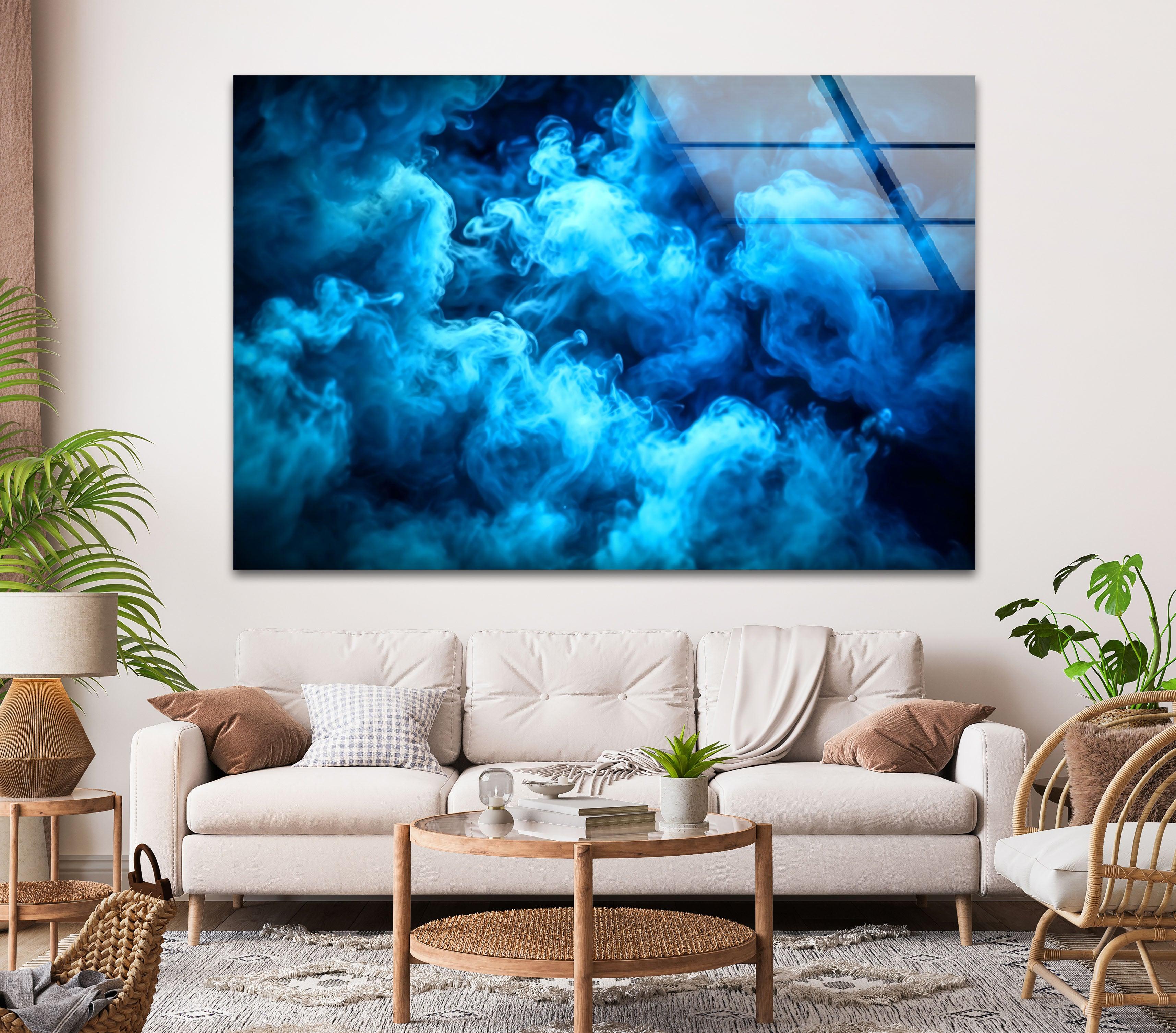 Blue Smoke Glass Wall Art - Modern Abstract Decor for Living Room, Bedroom & Office - Handmade Glass Artwork for Home & Office Decor
