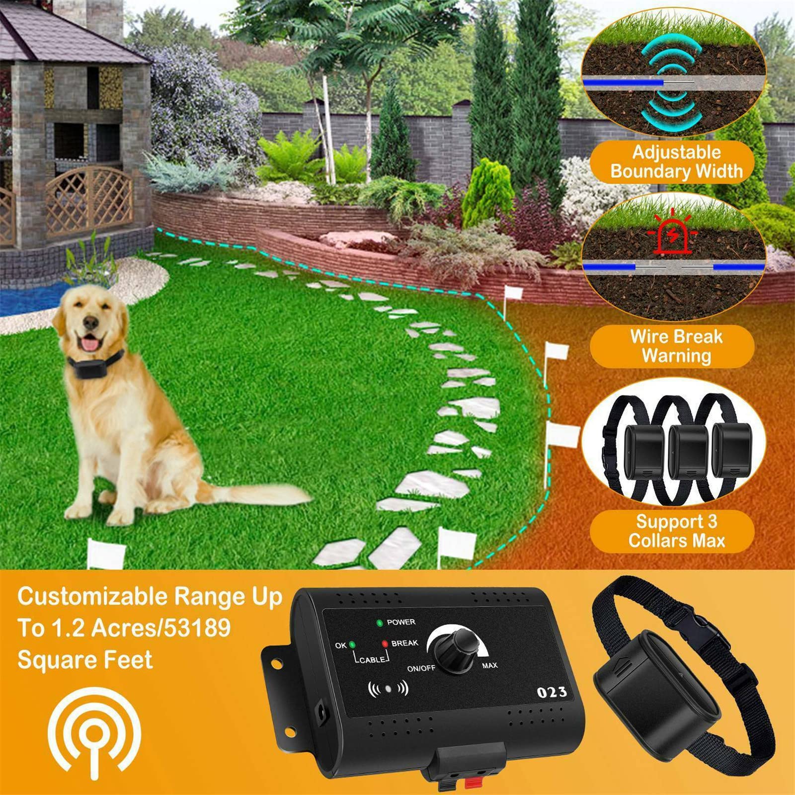 Electric Dog Fence System - Waterproof & Rechargeable In-Ground/Aboveground Pet Containment with Shock & Tone Correction, 1500ft Boundary for 1-3 Dogs | Perfect for Yard Security & Dog Training