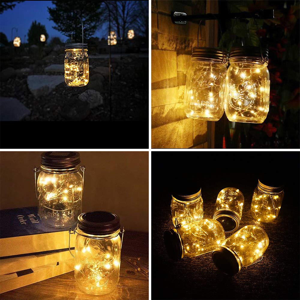 SunKite Solar Mason Jar Lid Lights [Updated 2023] - 6 Pack 15 LED Waterproof Fairy String Lights with Hooks for Outdoor Decor | Warm White Solar-Powered Firefly Lights for Garden, Patio, Wedding & Easter Decorations