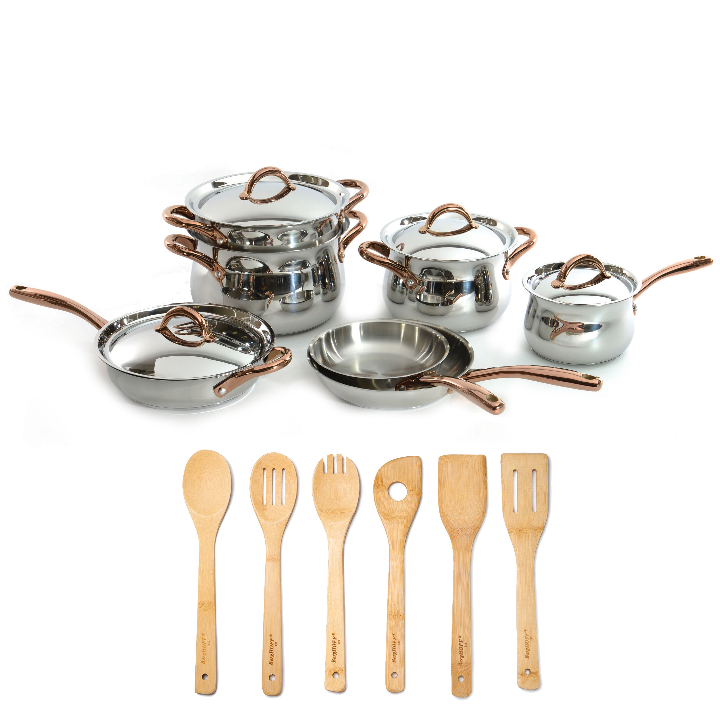 BergHOFF Ouro Gold 17-Piece 18/10 Stainless Steel Cookware Set with Stainless Steel Lids - Premium Kitchen Cookware for Professional Chefs & Home Cooking