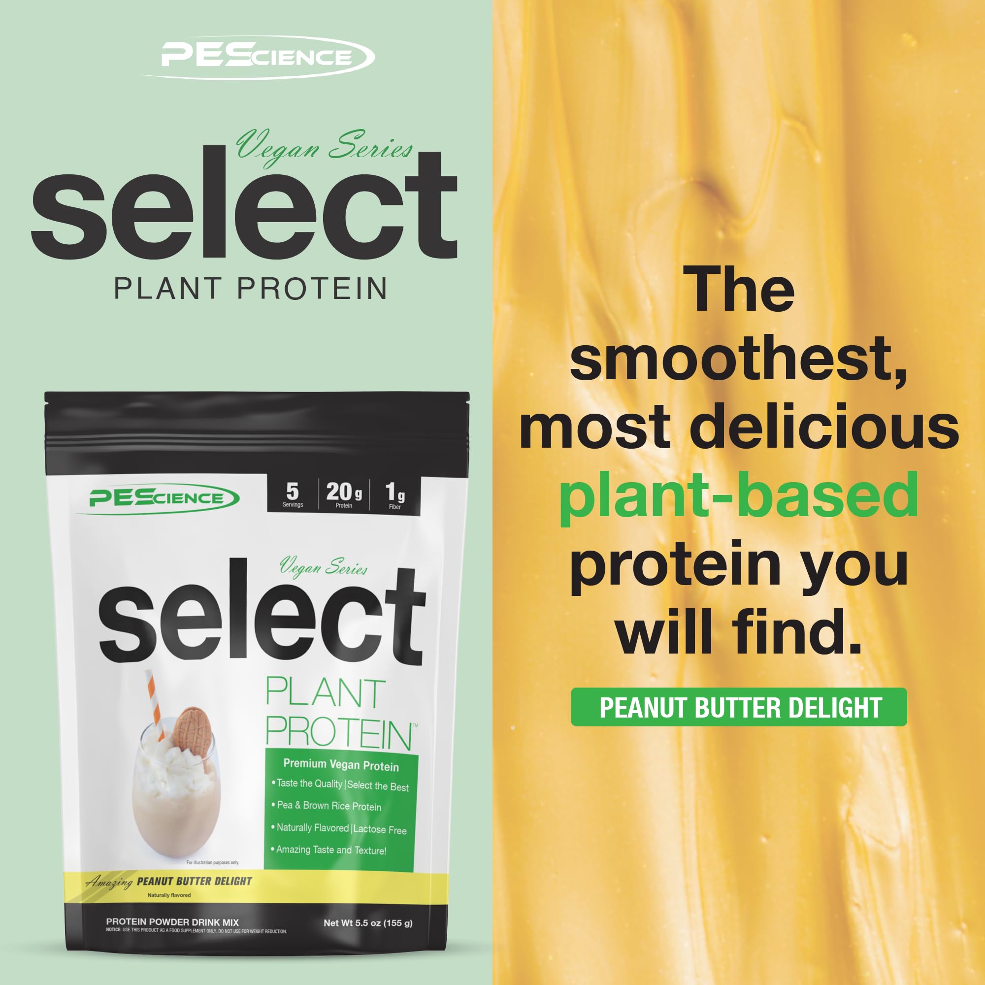 PEScience Select Vegan Plant Based Protein Powder - Peanut Butter Delight Flavor, 5 Servings, Premium Pea & Brown Rice Protein Blend for Muscle Recovery & Post-Workout Nutrition | Ideal for Smoothies, Baking & Healthy Snacks
