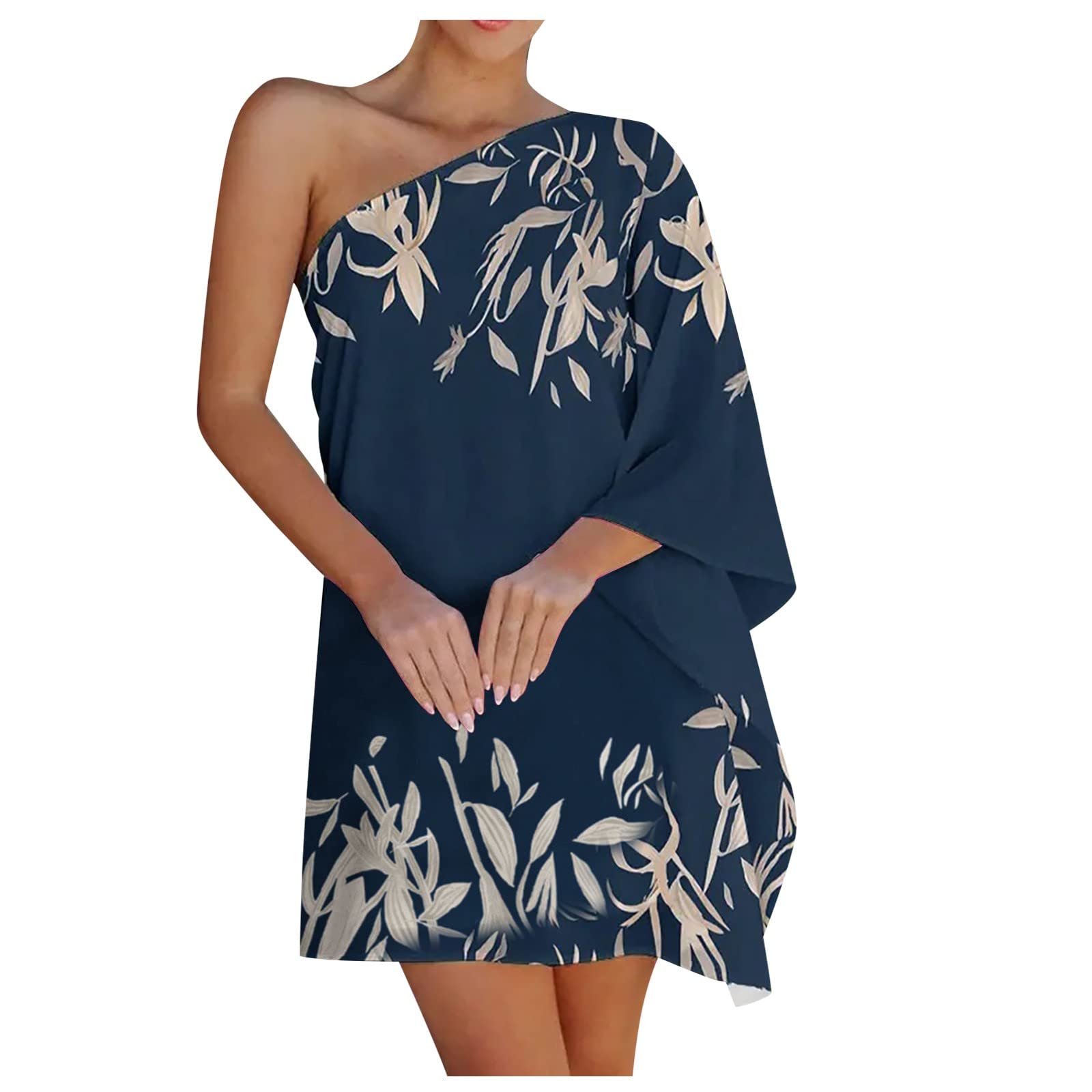 2022 Women's Loose Printed One Shoulder Doll Sleeve Beach Dress - Summer Casual Cocktail Party Outfit for Vacation, Poolside & Date Night