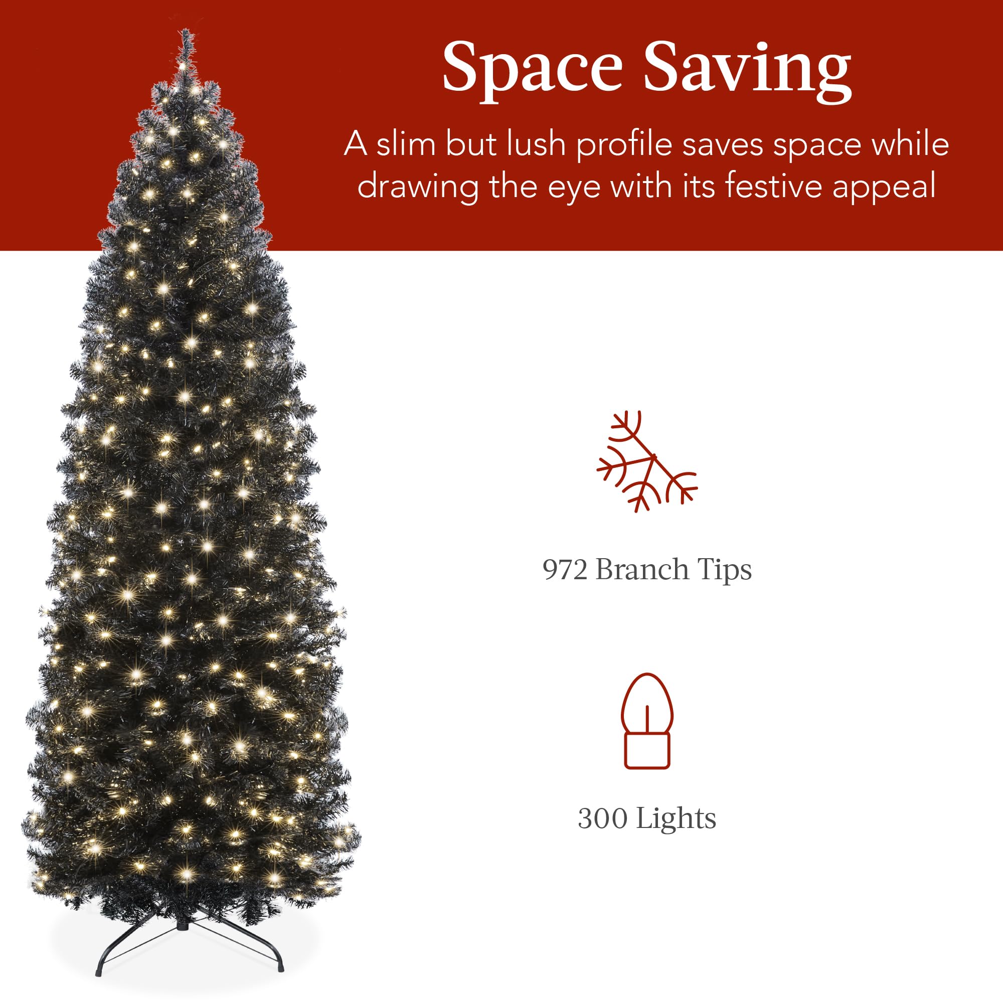 Best Choice Products 7.5ft Pre-Lit Black Pencil Christmas Tree with 300 Incandescent Lights - Slim Artificial Holiday Tree for Home, Office & Party Decor - 972 Tips & Metal Base - Perfect for Small Spaces & Modern Holiday Decorations