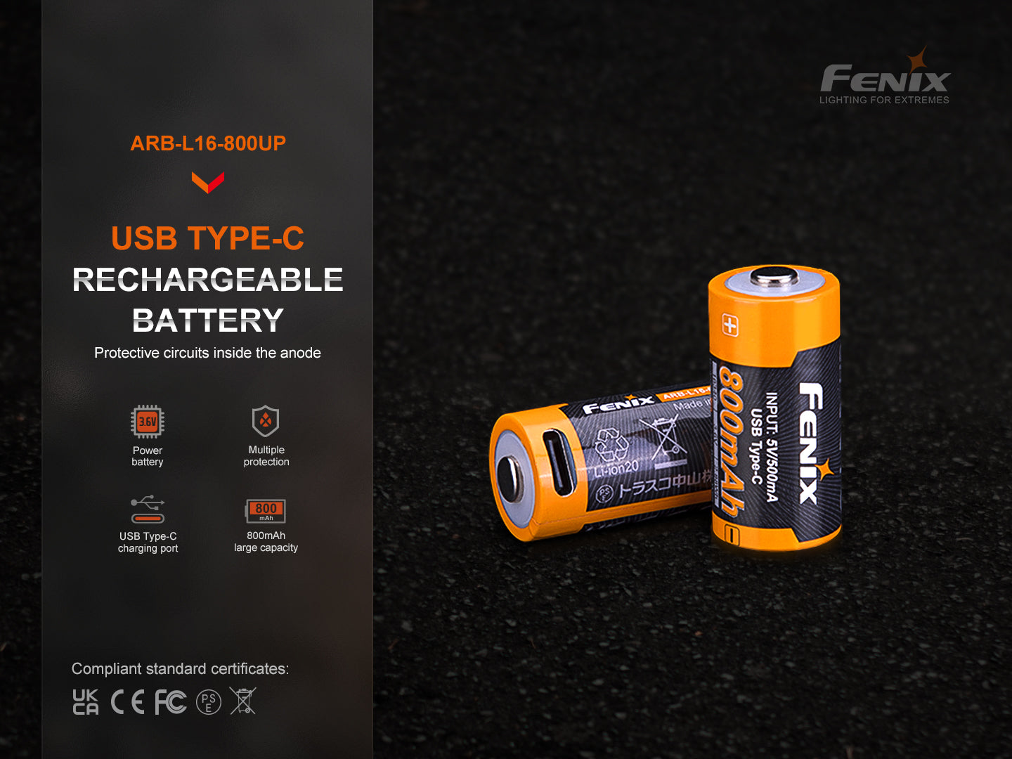 Fenix ARB-L16 800 Lumens USB-C Rechargeable 16340 Battery - Perfect for Tactical Flashlights, Emergency Kits & Outdoor Adventures