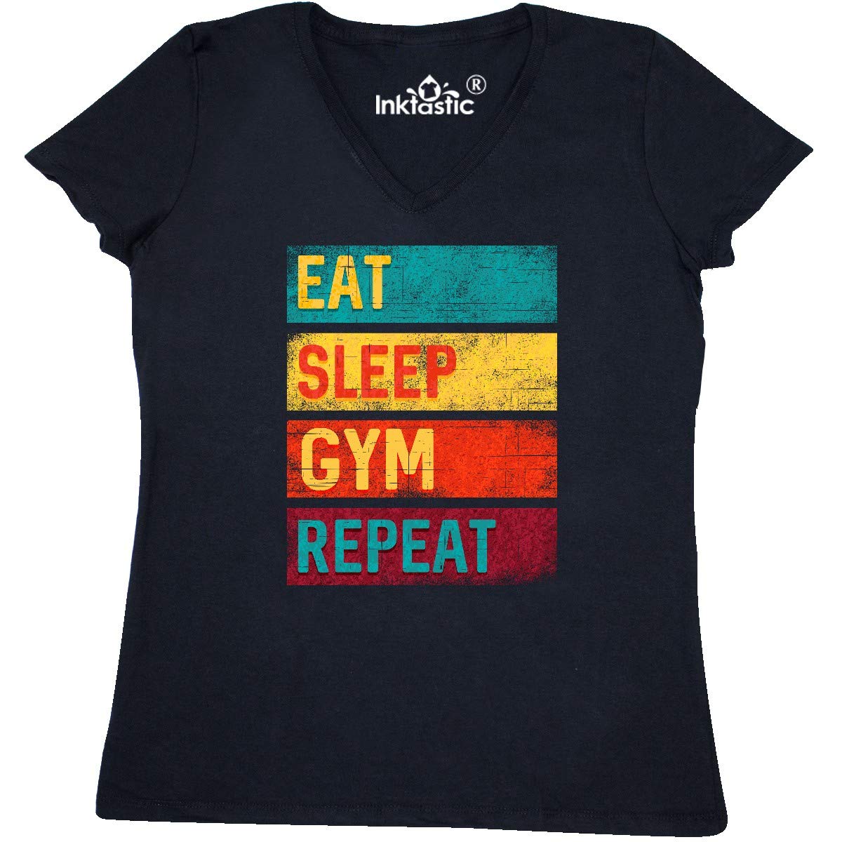 Inktastic Women's Fitness V-Neck T-Shirt - Eat Sleep Gym Repeat Motivational Workout Top for Gym, Running & Yoga - Soft Comfortable Casual Tee for Active Women