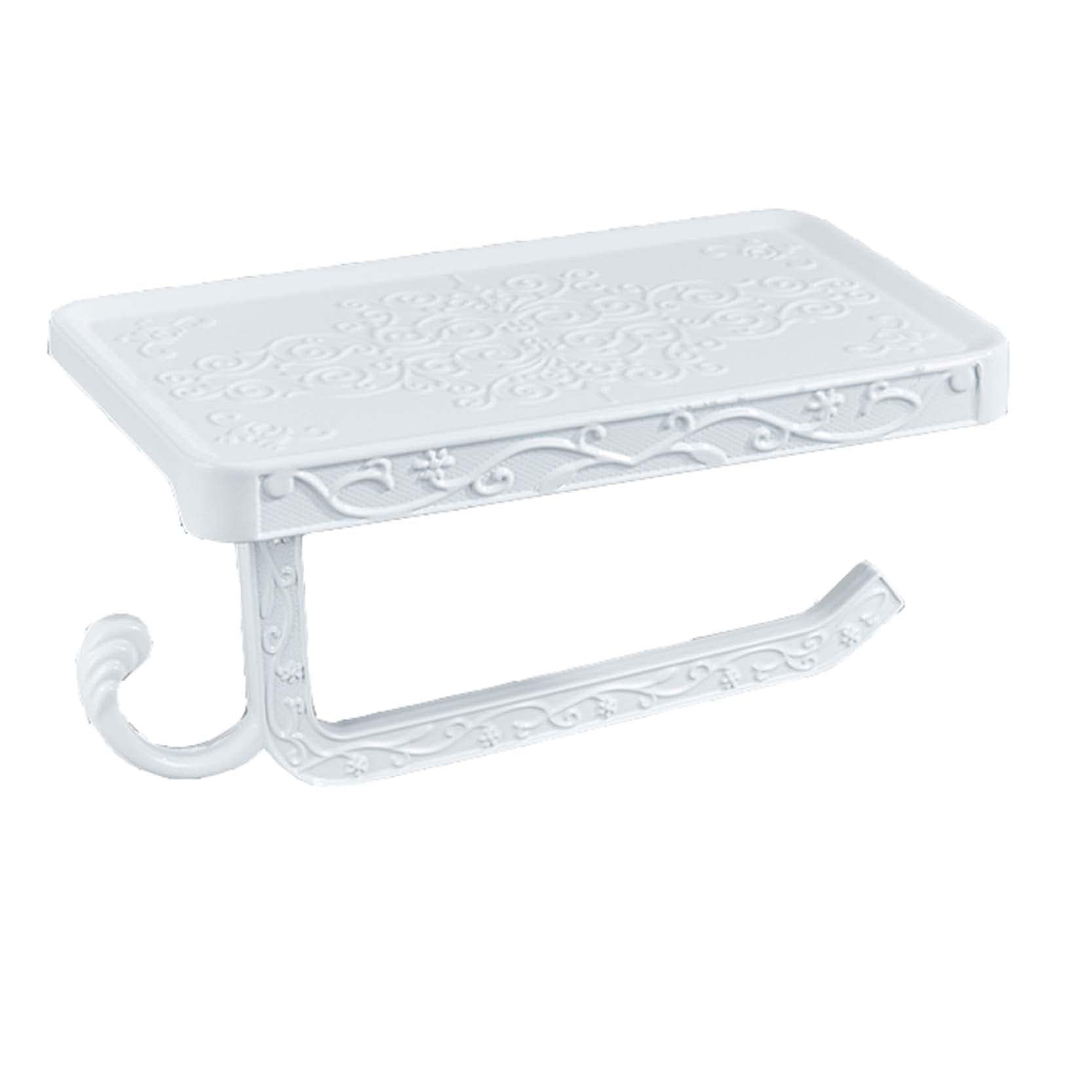 Vintage Wall Mount Toilet Paper Holder with Shelf - Aluminum Bathroom Tissue Roll Holder for Home & Office (White) | Perfect for Small Bathrooms, Powder Rooms & RVs
