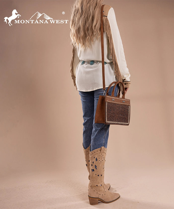 Montana West Floral Tooled Leather Tote Bag Set for Women - Stylish Handbag for Work, Travel & Everyday Use