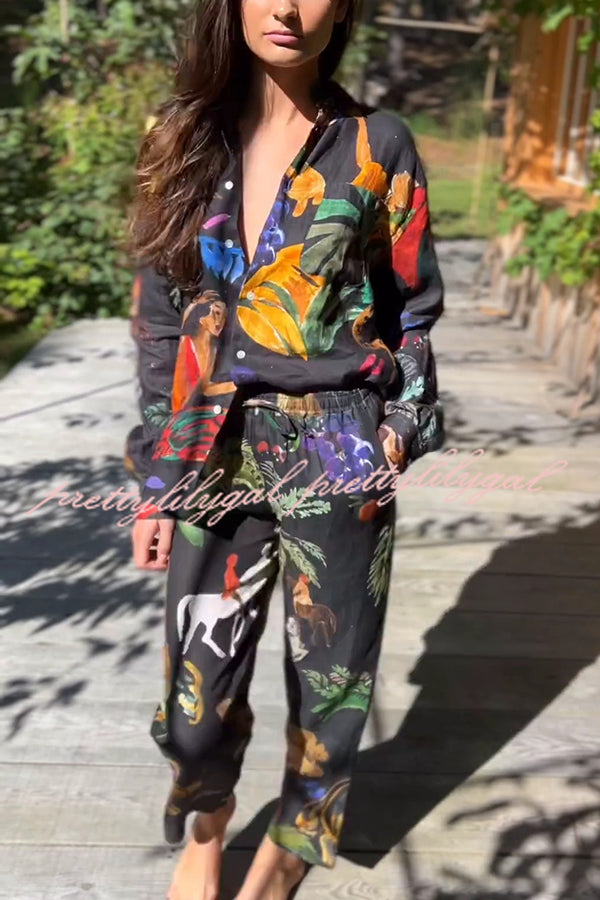 Stylish Floral Print Long Sleeve Blouse with Elastic Waist Wide Leg Pants Set - Women's Casual Outfit for Work, Date Night & Spring Fashion