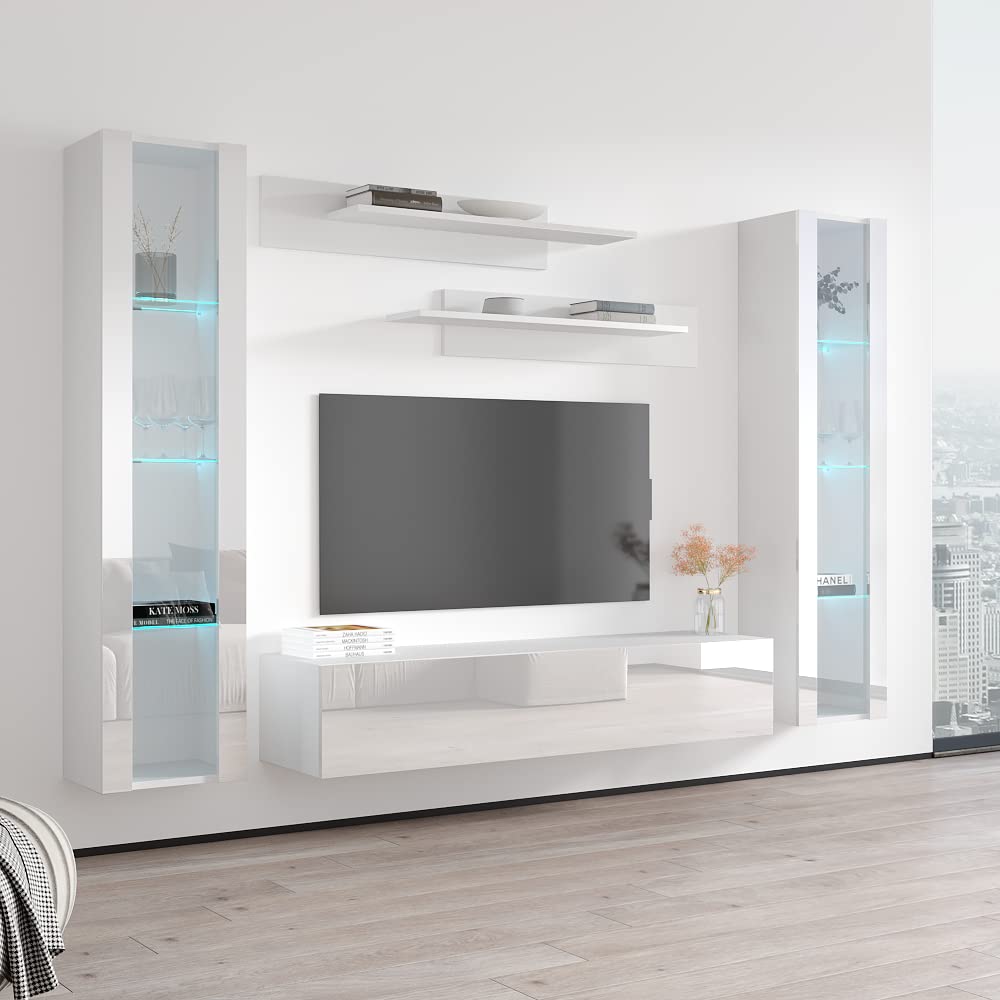 Modern Floating TV Stand with Storage & LED Lights - Wall-Mounted Entertainment Center for Living Room & Bedroom - White Meble Furniture Fly AB2 30