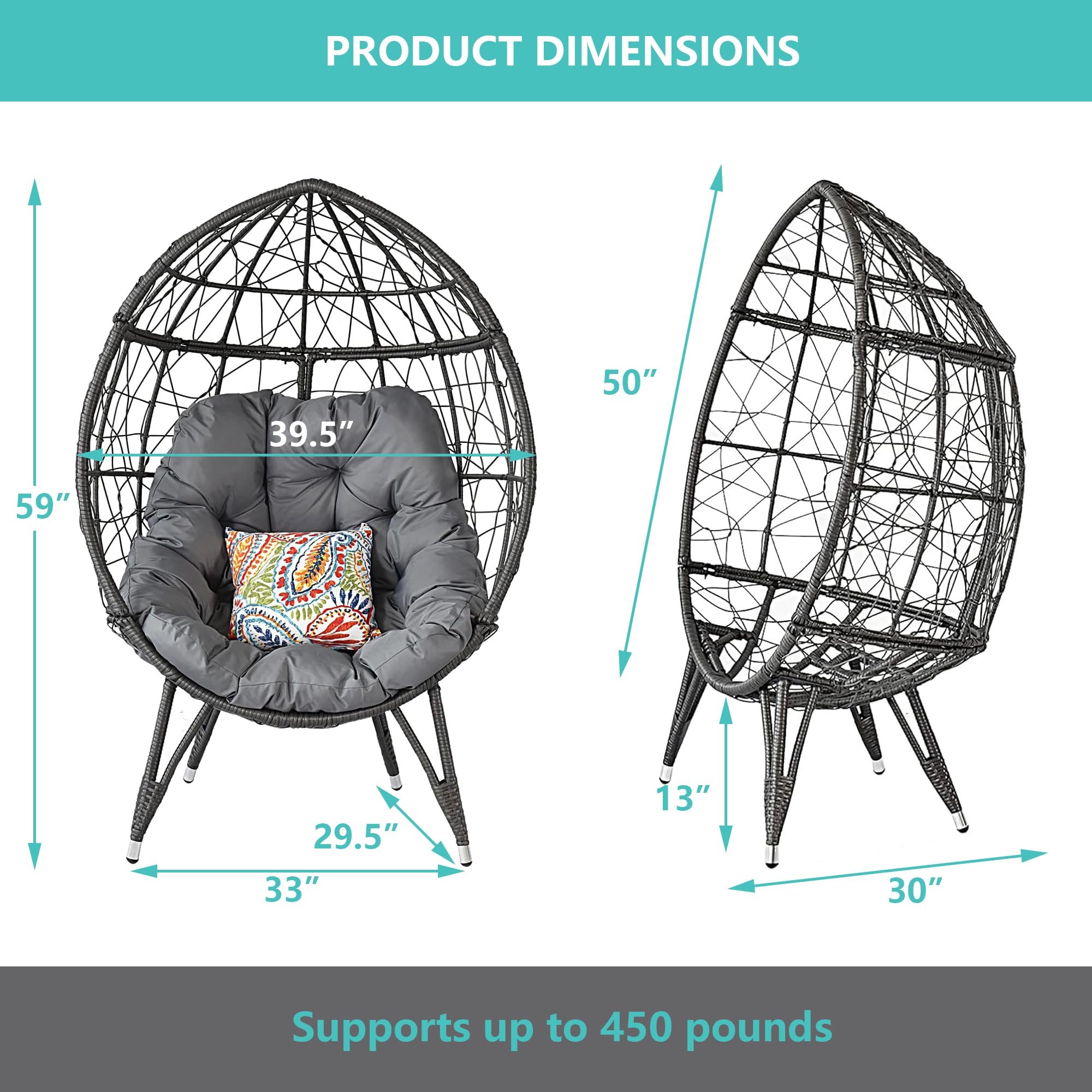 Outdoor Egg Chair - PE Rattan Hanging Basket Chair with Stand & Gray Cushions, 440lb Capacity Patio Lounge Furniture for Backyard, Garden, Poolside Relaxation