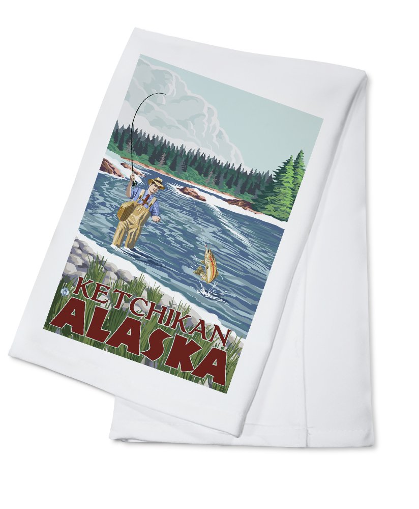 Fly Fisherman Ketchikan Alaska 100% Cotton Tea Towel - Decorative Hand Towel for Kitchen & Home - Perfect for Drying Dishes, Gift Giving & Coastal Themed Decor