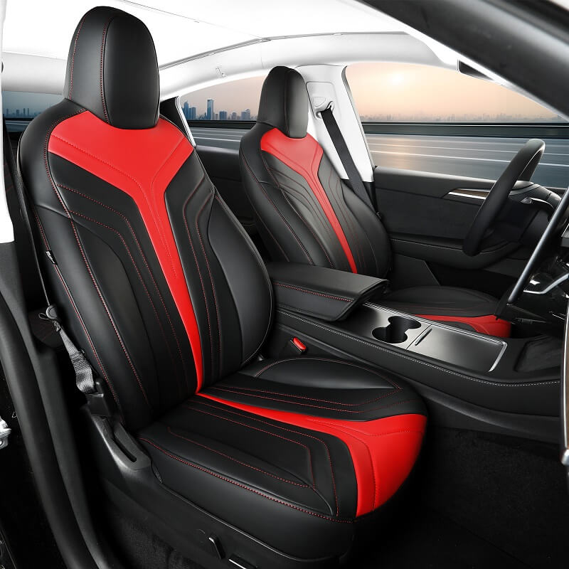 Premium Tesla Model Y Black & Red Nappa Leather Seat Covers - Luxury Car Interior Upgrade for Comfort & Style - Perfect for Daily Commute & Road Trips