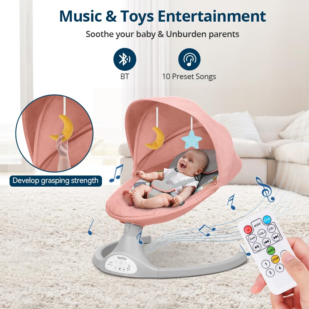Bioby Baby Swing for Infants 0-12 Months - Portable Rocker with 5 Speed Settings, Bluetooth Music, Remote Control & 5-Point Safety Harness - Lightweight Bouncer for Babies 5-20 lbs (Pink) - Perfect for Nursery, Travel & Soothing Fussy Babies