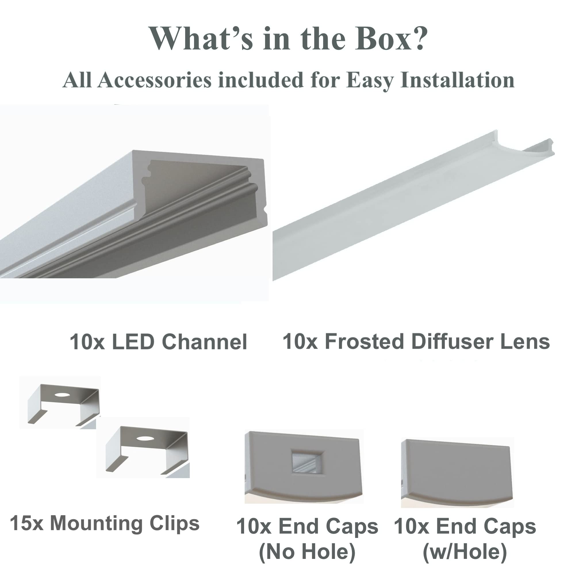 10-Pack 8ft (2.4Meter) LED Aluminum Channels with Frosted Diffuser - 1971 Series LED Profile Extrusion for 12mm/0.47