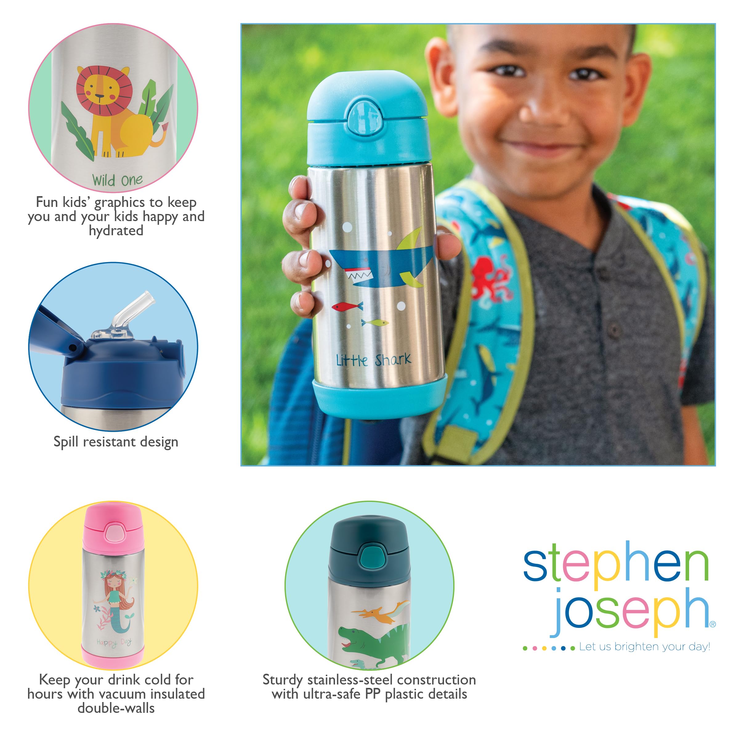 Stephen Joseph Double Wall Stainless Steel Insulated Water Bottle for Kids & Toddlers - 11.8oz BPA-Free Vacuum Insulated Bottle with Straw, Leakproof & Durable - Perfect for School, Travel & Outdoor Activities (SJ1212 ROCKET)