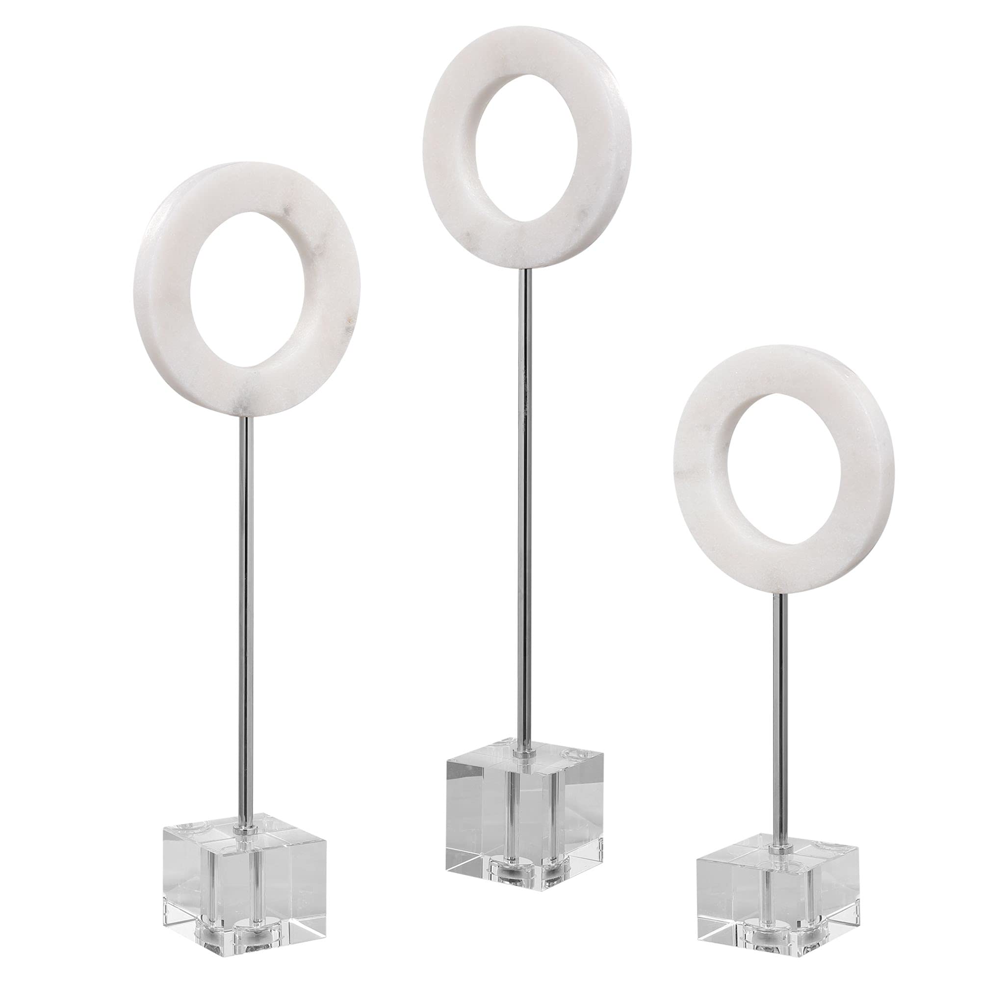 Set of 3 Modern White & Clear Glass Ring Sculptures - 22 Inch Home Decor for Living Room, Bedroom or Office