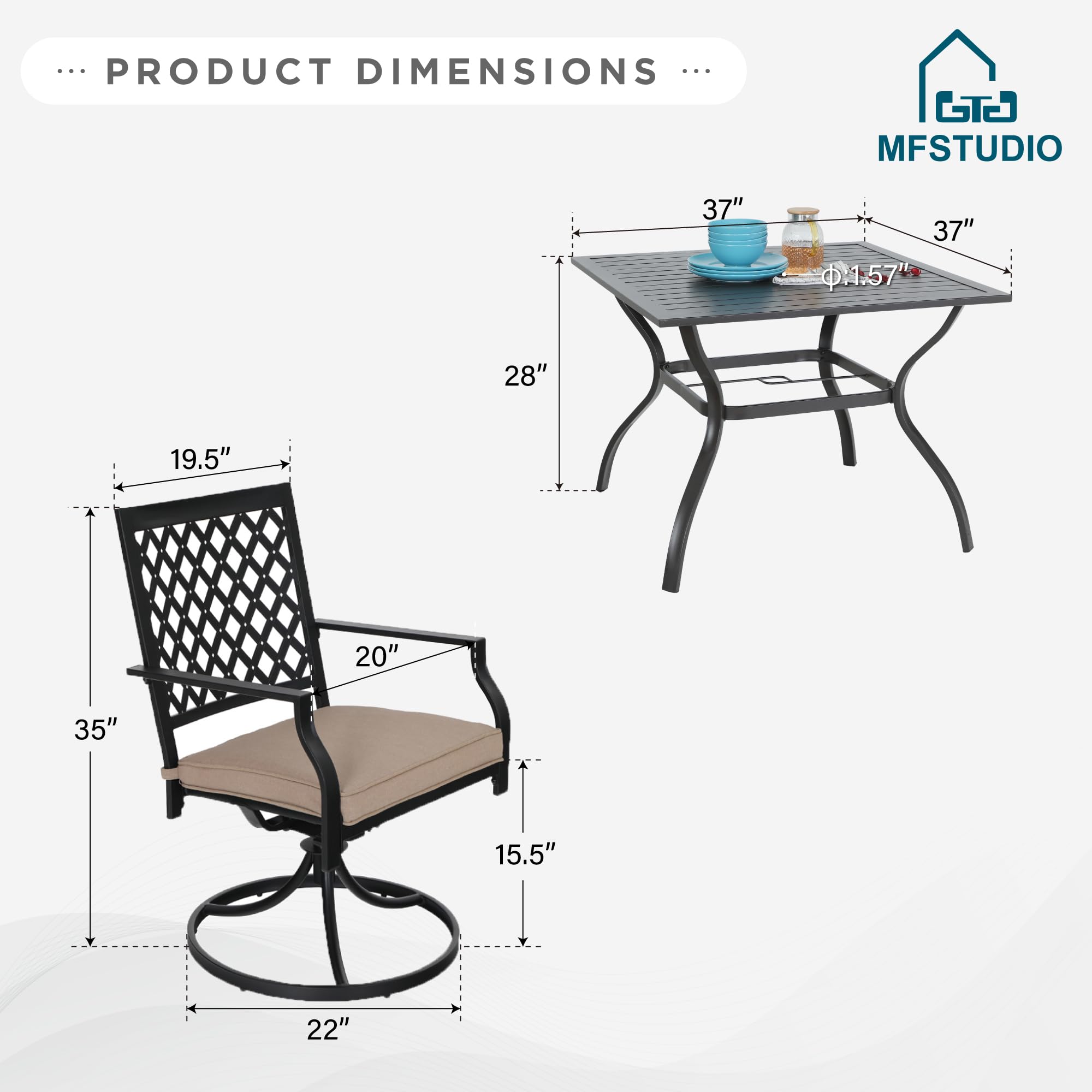 MFSTUDIO 5-Piece Black Metal Outdoor Patio Dining Set - 4 Swivel Chairs & Square Table with Umbrella Hole - Durable Garden Furniture for Backyard, Poolside & Restaurant Outdoor Seating