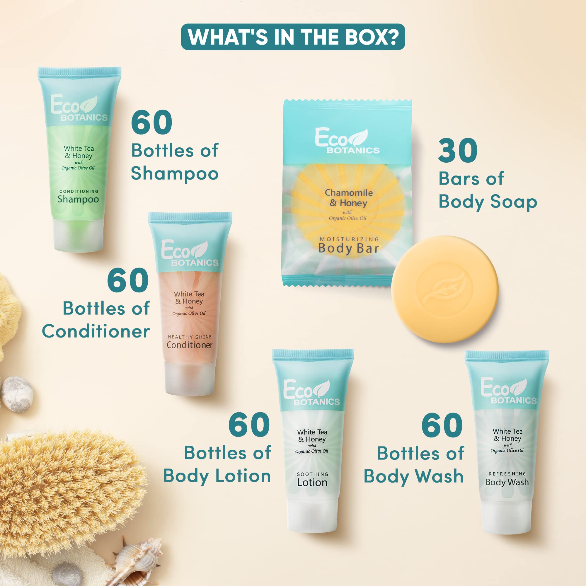 Eco-Friendly Bulk Hotel Soap Set - 300 Pieces | 0.85oz Travel Size Shampoo, Conditioner, Body Wash, Lotion & Bar Soap | Terra Pure Botanics | Perfect for Hotels, Spas, Gyms & Travel Toiletries