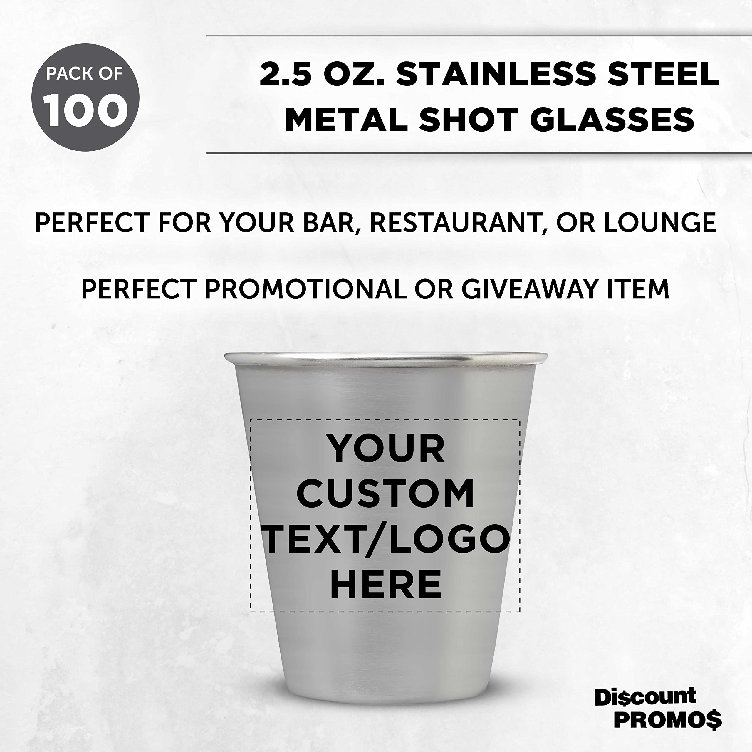 Custom Personalized Stainless Steel Shot Glasses 2.5 oz (Set of 100) - Bulk Pack for Weddings, Birthdays, Parties & Events - Durable Barware for Home, Office & Commercial Use