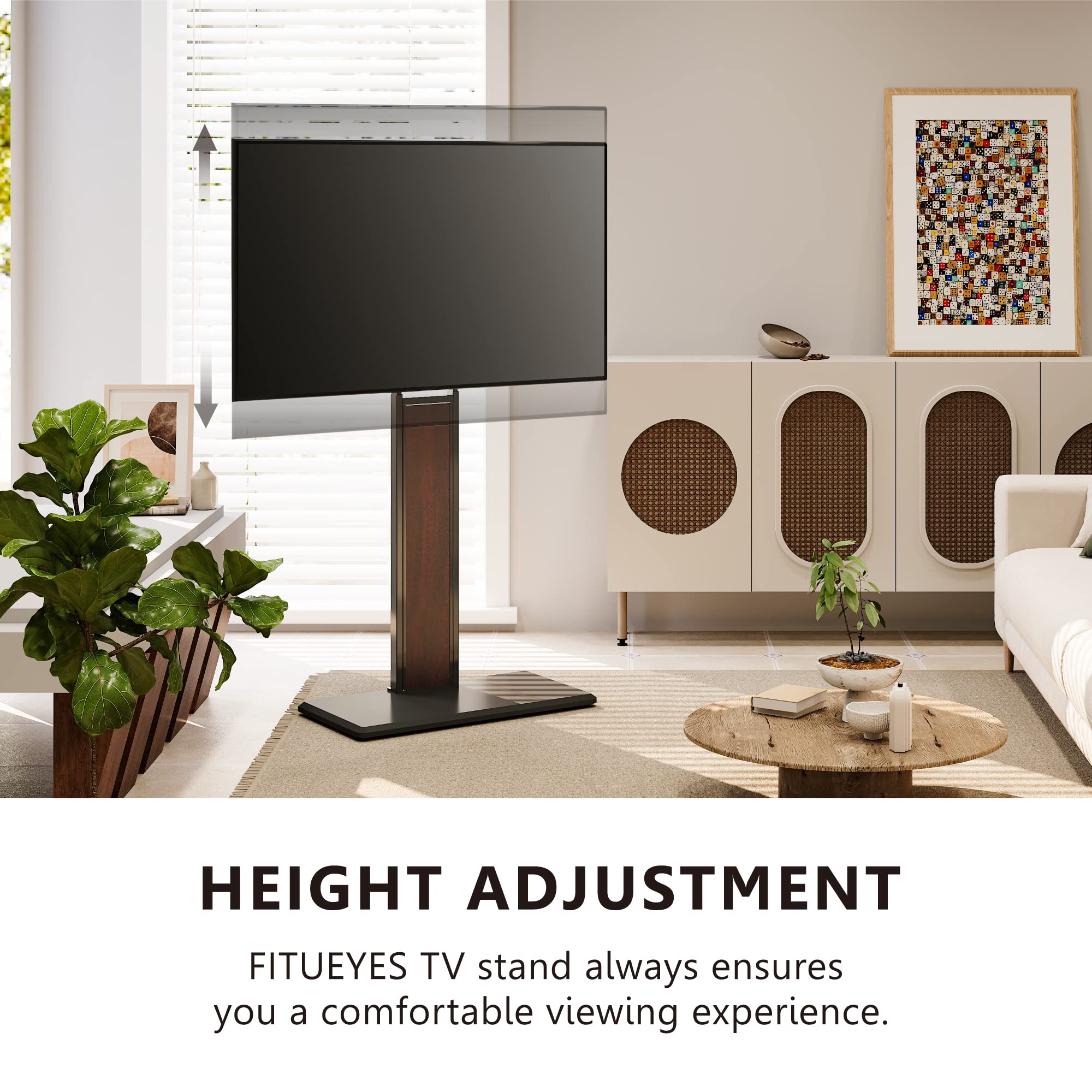 FITUEYES Adjustable Floor TV Stand for 32-75 Inch Flat Screen TVs - Solid Wood Base, Height Adjustable Mount Bracket (Max VESA 600x400mm, Supports 88 lbs) - Perfect for Living Room, Bedroom & Home Theater Setup