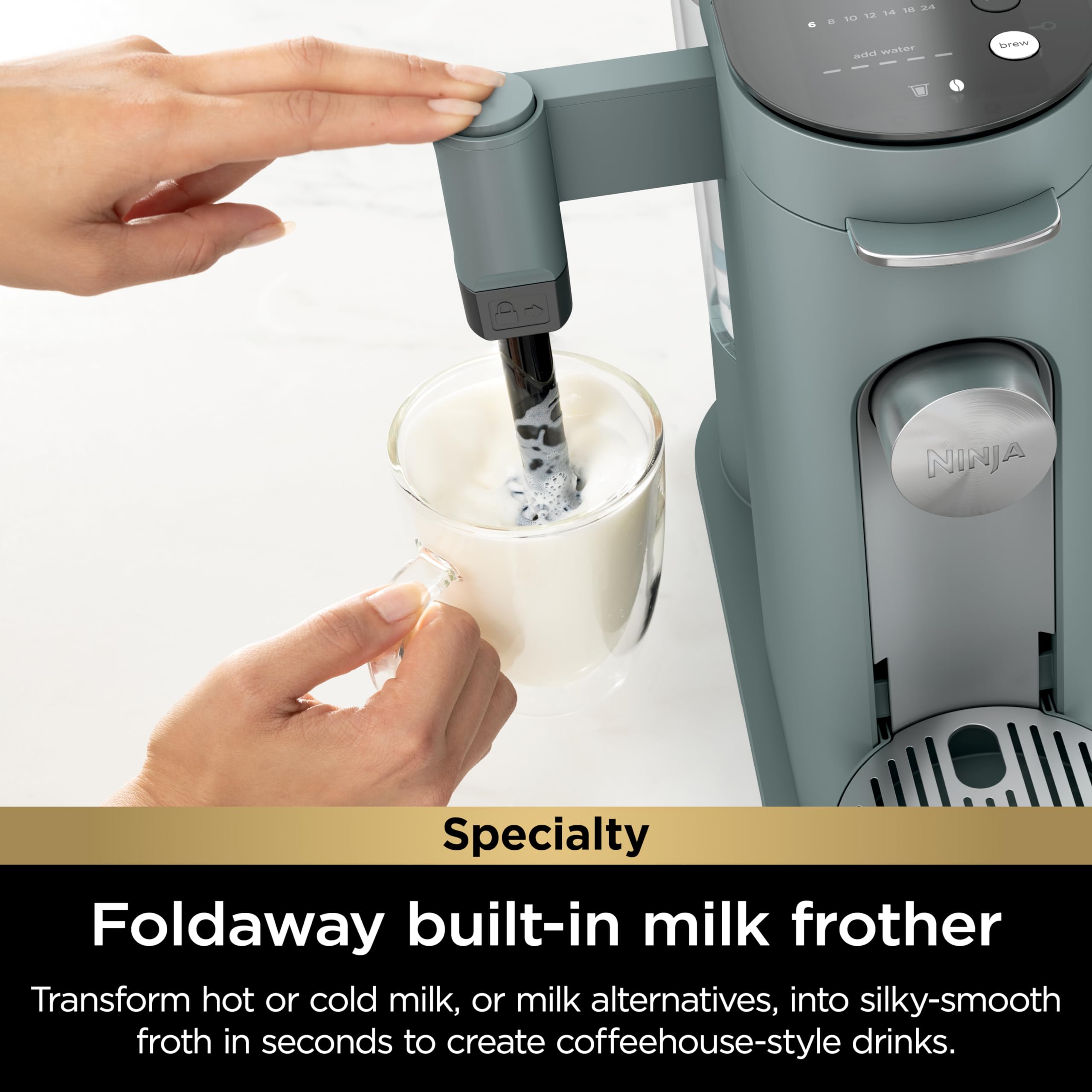 Ninja Specialty Single-Serve Coffee Maker with Built-In Milk Frother - K-Cup Pod Compatible for Hot & Iced Coffee (6oz to 24oz Cup Sizes) - 1550W Sage Green (PB051SG) - Perfect for Home, Office & Travel Use