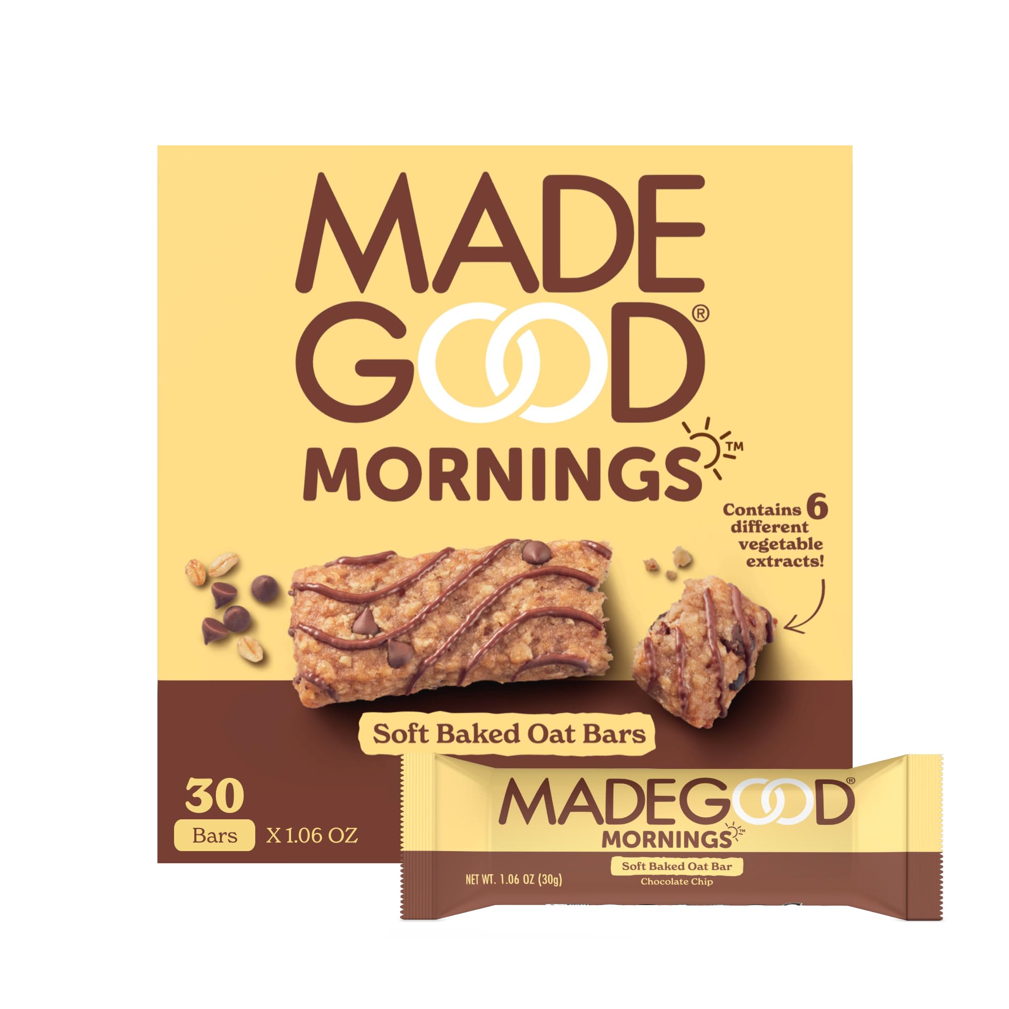 MadeGood Mornings Soft Baked Breakfast Bars, Chocolate Chip, 1.06 Oz (30 Count) - Gluten Free, Vegan, School Safe Snacks for Kids & Adults - Perfect for On-the-Go Breakfast, Lunchboxes & Healthy Snacking