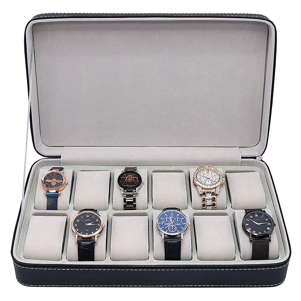 12 Slot Portable Watch Box with Zipper - Black Travel Case for Watches & Jewelry Storage, Ideal for Collectors and Travel Enthusiasts