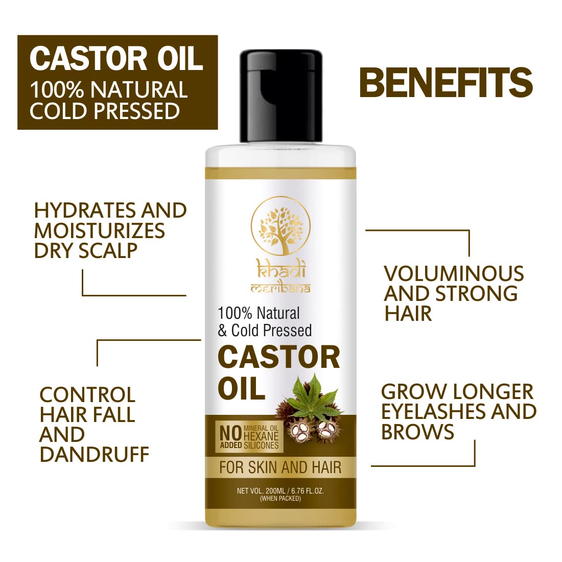 Pure Virgin Castor Oil for Hair Growth & Skin Care | Cold Pressed 200ml | Massage & Beauty