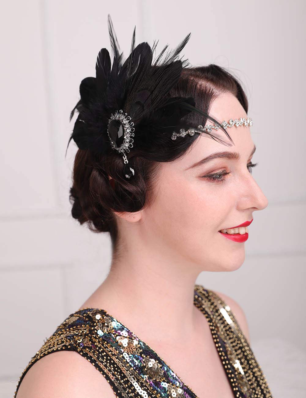 1920s Flapper Feather Hair Clip with Crystal Head Chain - Vintage Roaring 20s Headpiece for Costume Party, Masquerade Ball, Gatsby Themed Events & Halloween Hair Jewelry Accessories