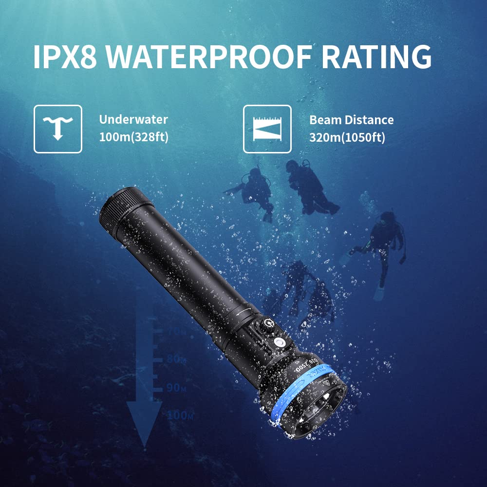 XTAR D26 2500 Lumens Professional Scuba Diving Flashlight - Waterproof Underwater Torch for Cave, Wreck & Night Diving (100m Depth Rated) - Perfect for Marine Exploration, Night Fishing & Emergency Use