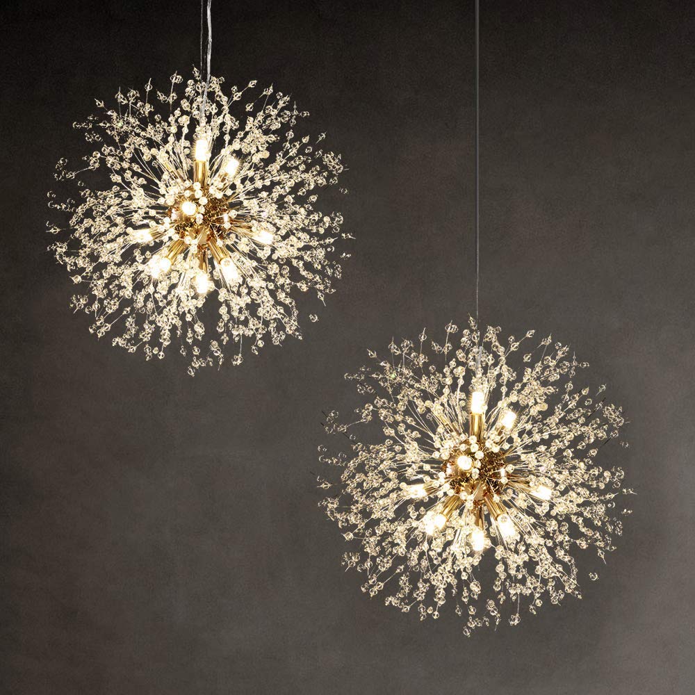 Qamra Modern Gold Crystal Chandelier - 9-Light Firework Dandelion Sputnik Pendant Lighting Fixture for Dining Room, Bedroom, Kitchen & Living Room | Elegant Ceiling Light for Home Decor, Wedding & Restaurant Lighting