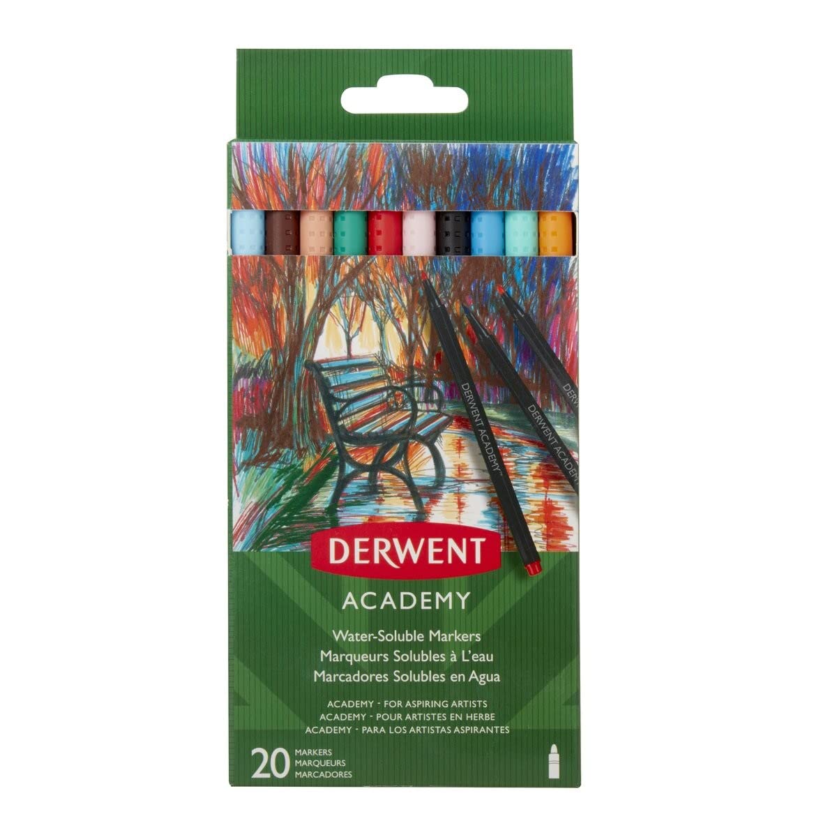 Derwent Academy Fine Tip Water-Soluble Markers - 20 Pack (98202) - Perfect for Sketching, Coloring & Calligraphy - Ideal for Artists, Students & Crafters