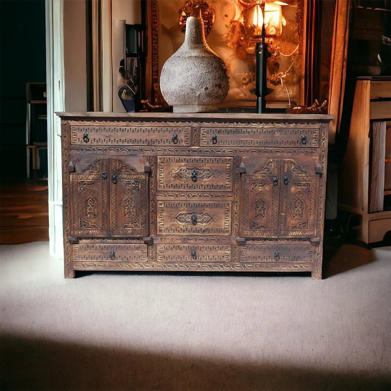 Hand Carved Brown Sideboard Buffet Table with Four Doors - Rustic Farmhouse Dining Room Storage for Dishes, Linens & Entertaining Essentials