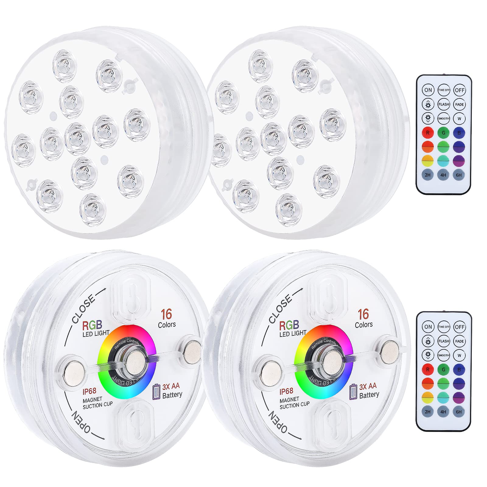 EVIGAL LIGHT 4 Pack Submersible LED Pool Lights with Magnet & Suction Cups - IP68 Waterproof, RF Remote Control, 13 LED Underwater Timing Lights for Swimming Pools, Spas, Fountains & Outdoor Decor