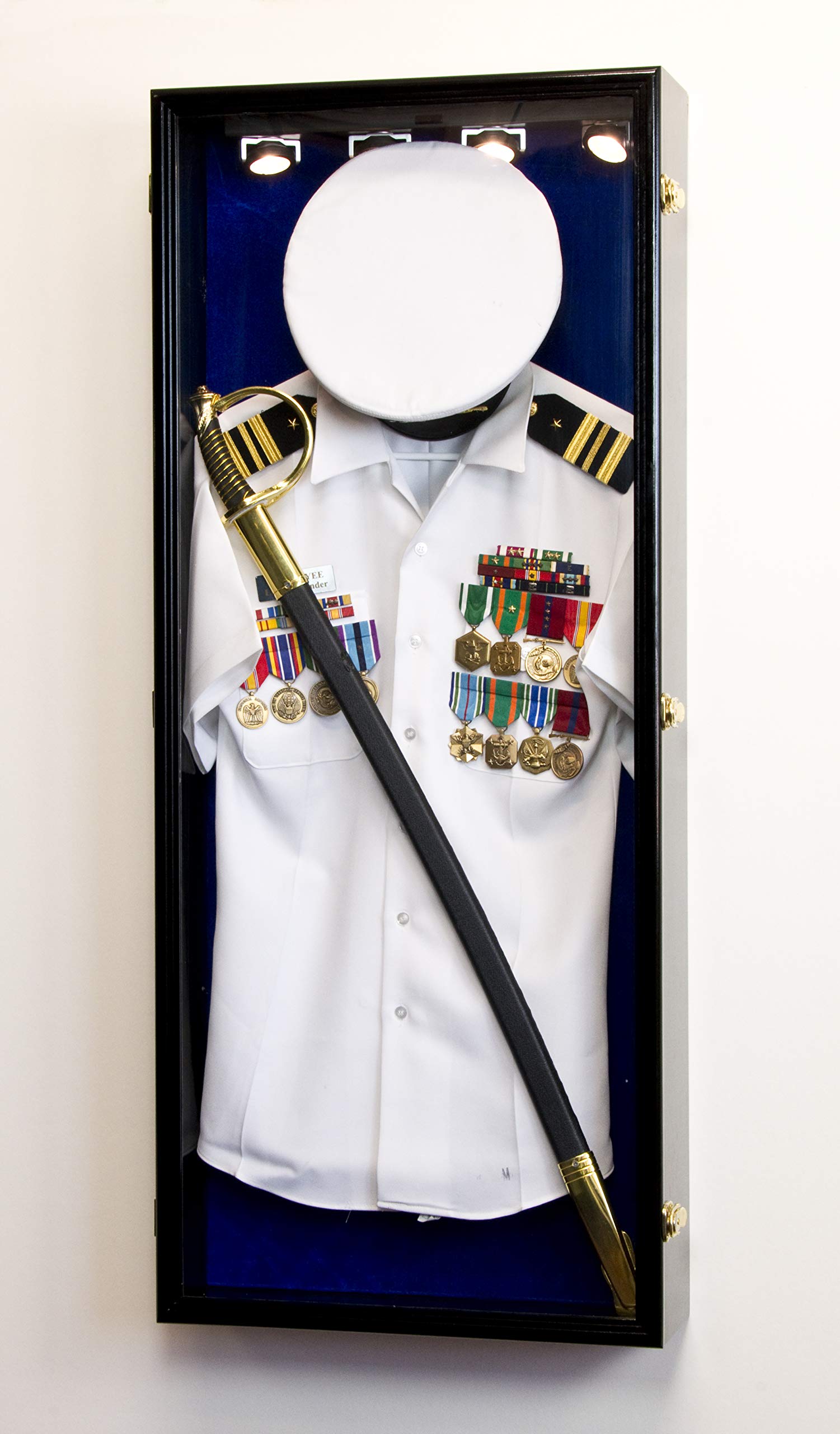 Military Shadow Box Display Case - Lockable Wall Frame for Uniform, Cap, Hat, Sword & Medals (Black Finish + LED Light, Blue Felt Background) - Perfect for Veterans, Collectors & Home Decor