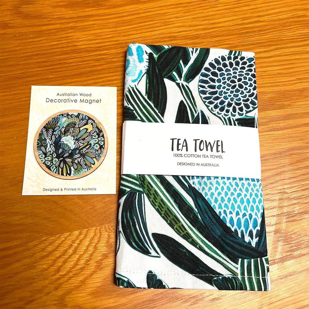 Premium Blue Banksia Tea Towel & Wooden Fridge Magnet Set - Elegant Home Decor Gift for Kitchen, Housewarming & Hostess - Perfect for Farmhouse & Coastal Style Homes