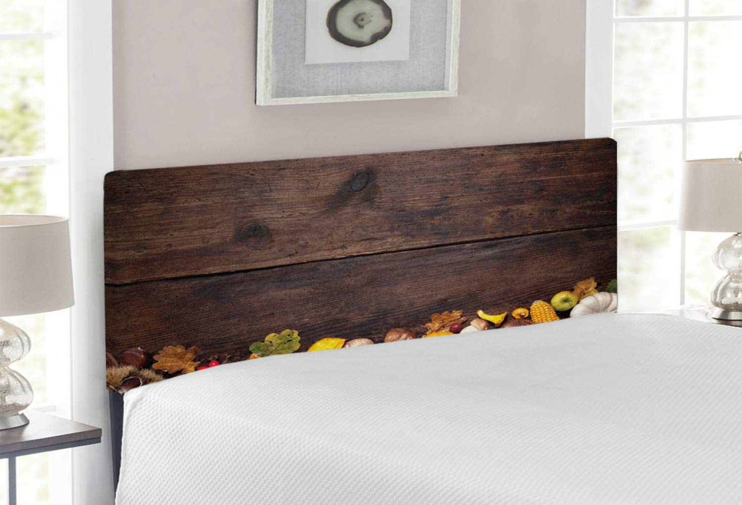 Dark Wood Thanksgiving Headboard with Natural Food Border - Upholstered Decorative Metal Bed Frame with Memory Foam, Full Size in Brown Orange White | Perfect for Farmhouse, Rustic & Holiday Bedroom Decor