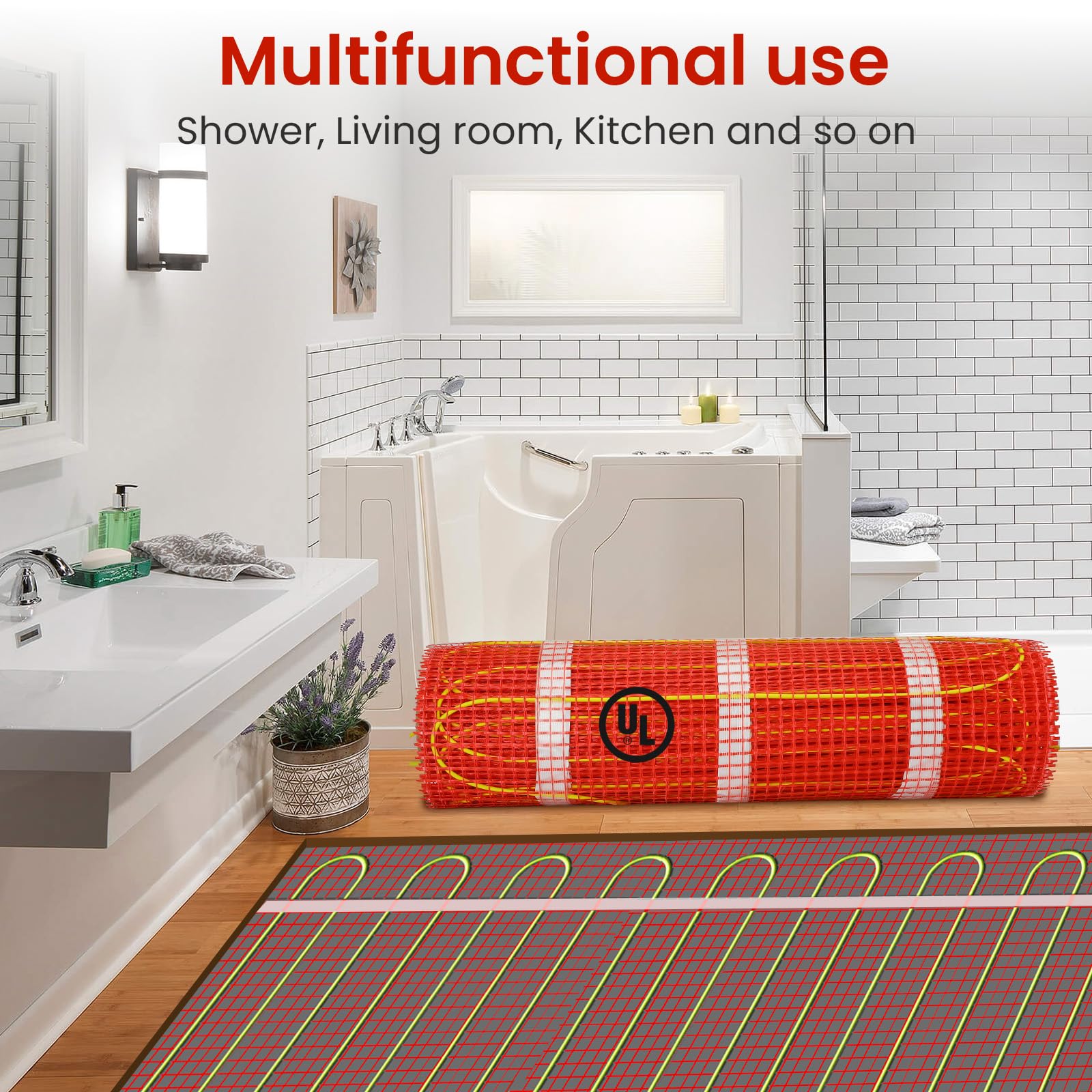 15 sqft HEATIT Warmmat Electric Radiant Floor Heating System - Self-Adhesive Underfloor Heating Mat for Bathroom, Kitchen & Basement - Energy Efficient Home Heating Solution