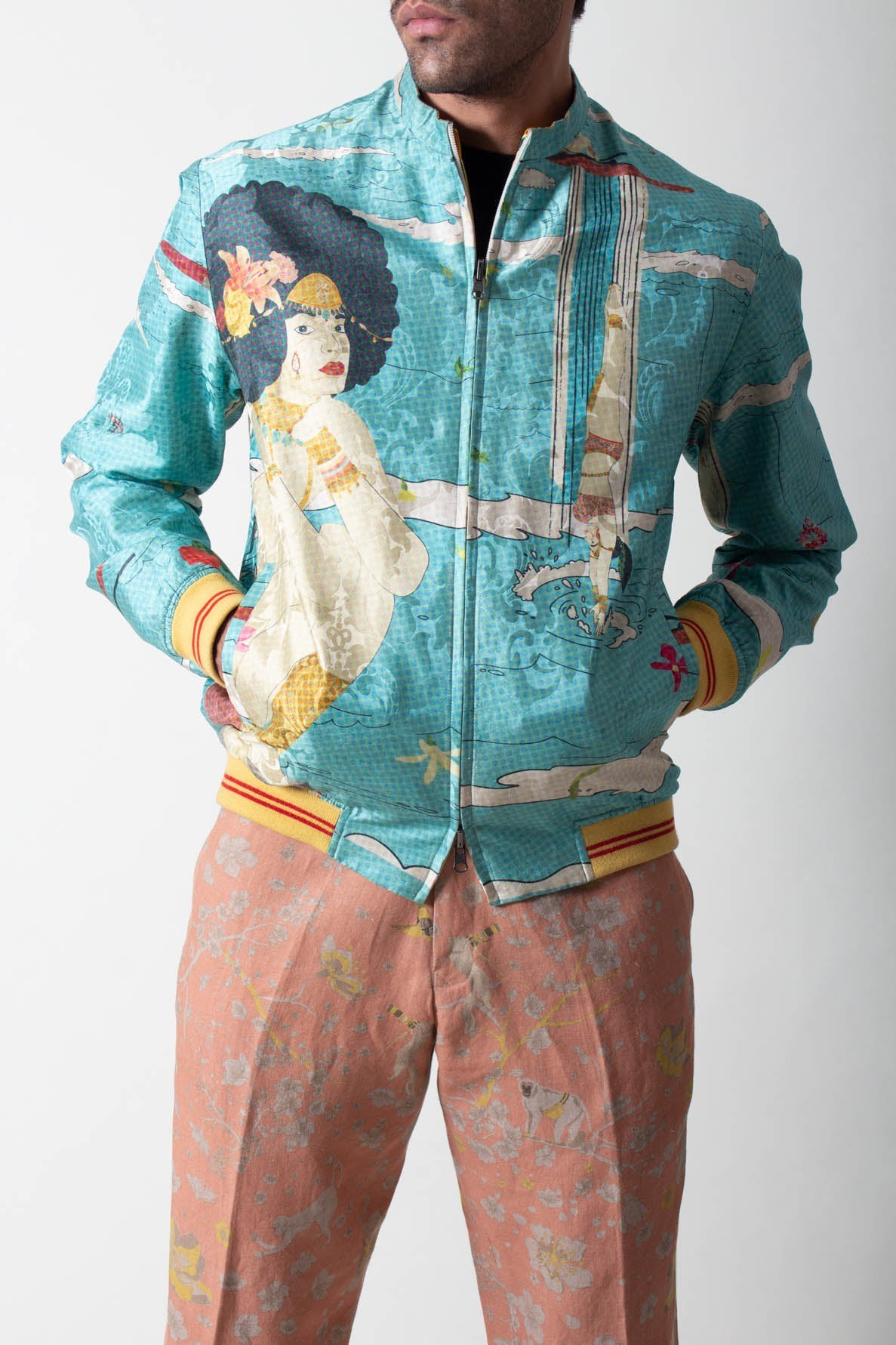 Janbaaz Turquoise Silk Bomber Jacket - Elegant Damask Pattern for Men's Fashion & Casual Wear | Perfect for Parties, Weddings & Everyday Style