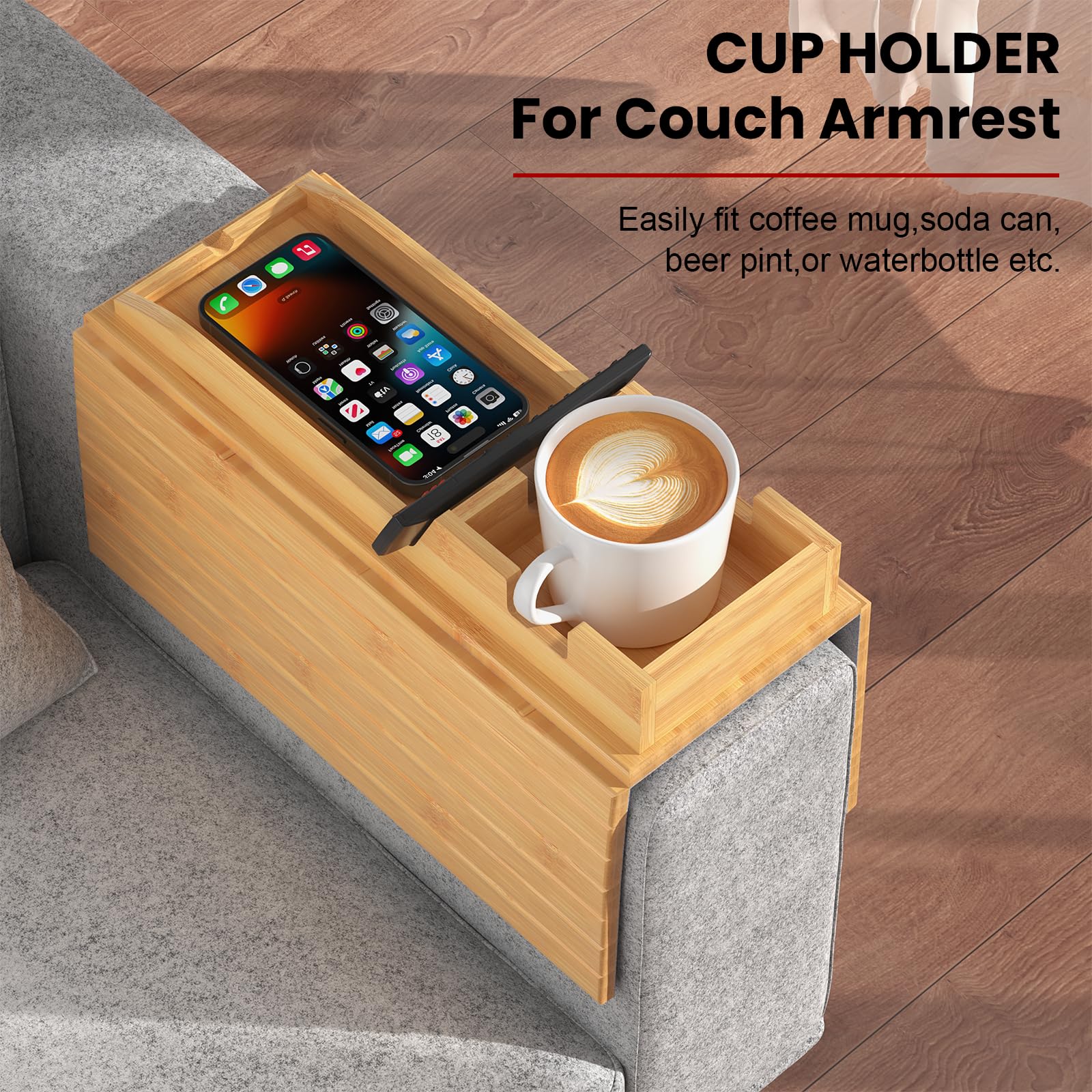 Bamboo Sofa Armrest Tray with Detachable Cup Holder - 2-in-1 Foldable Couch Table for Drinks, Snacks & Remote Control - Non-Slip Design for Living Room, Bedroom & Office Use