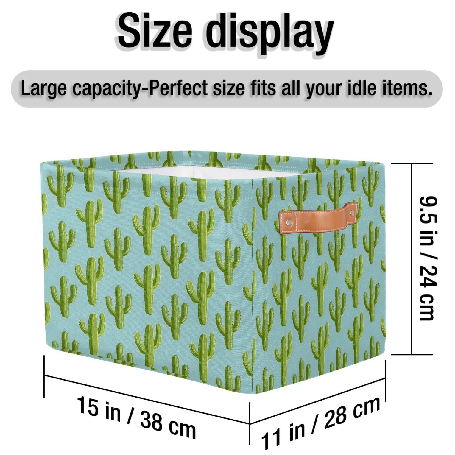 Green Cactus Large Storage Baskets - 2 Pack Fabric Closet Organizers with Handles, Decorative Collapsible Shelving Bins for Home Organization | Perfect for Clothes, Toys & Bedroom Storage