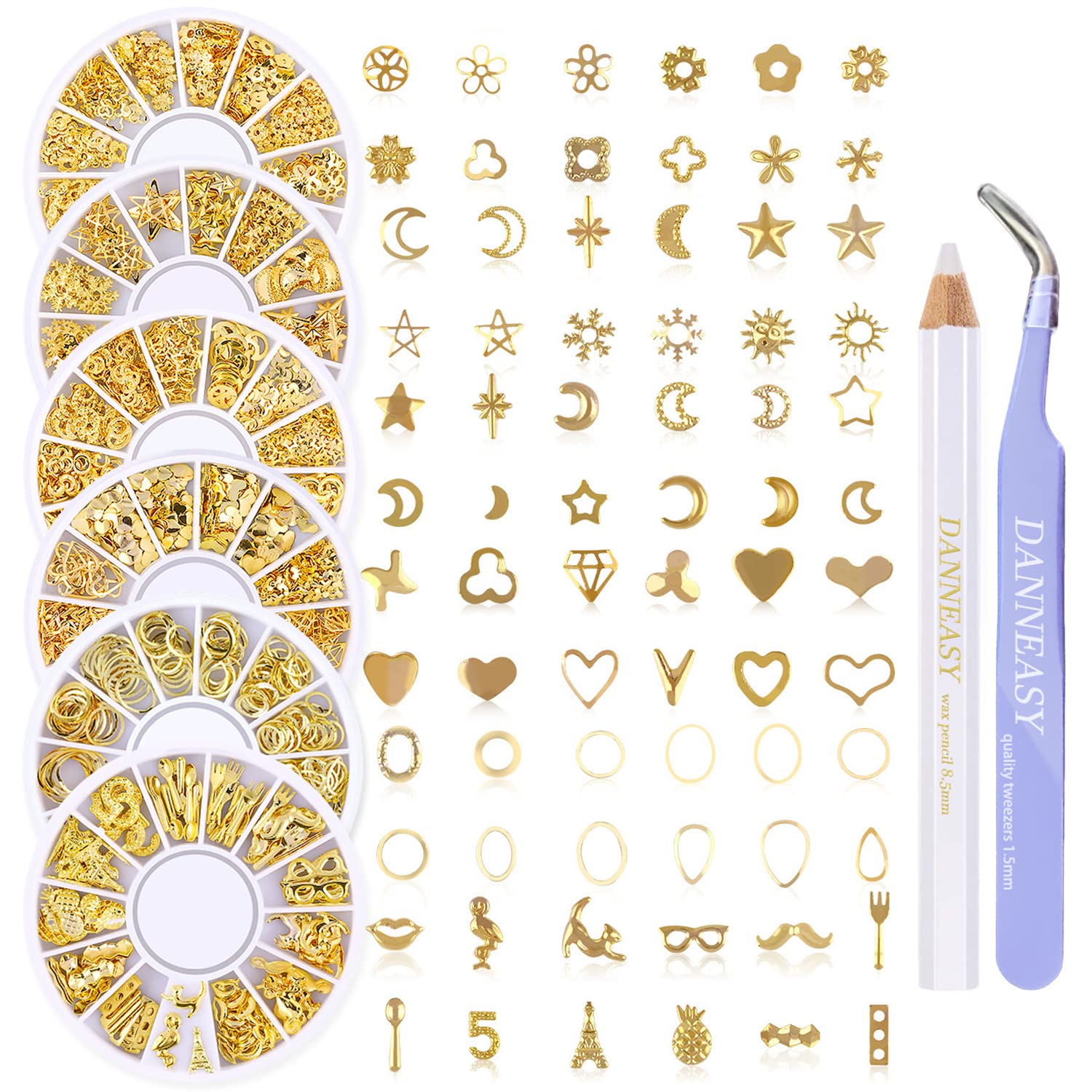 DANNEASY 3D Nail Charms - Gold Nail Art Studs & Jewelry for Acrylic Nails DIY - 6 Boxes Set for Professional Salon, Home Manicure & Nail Art Decoration