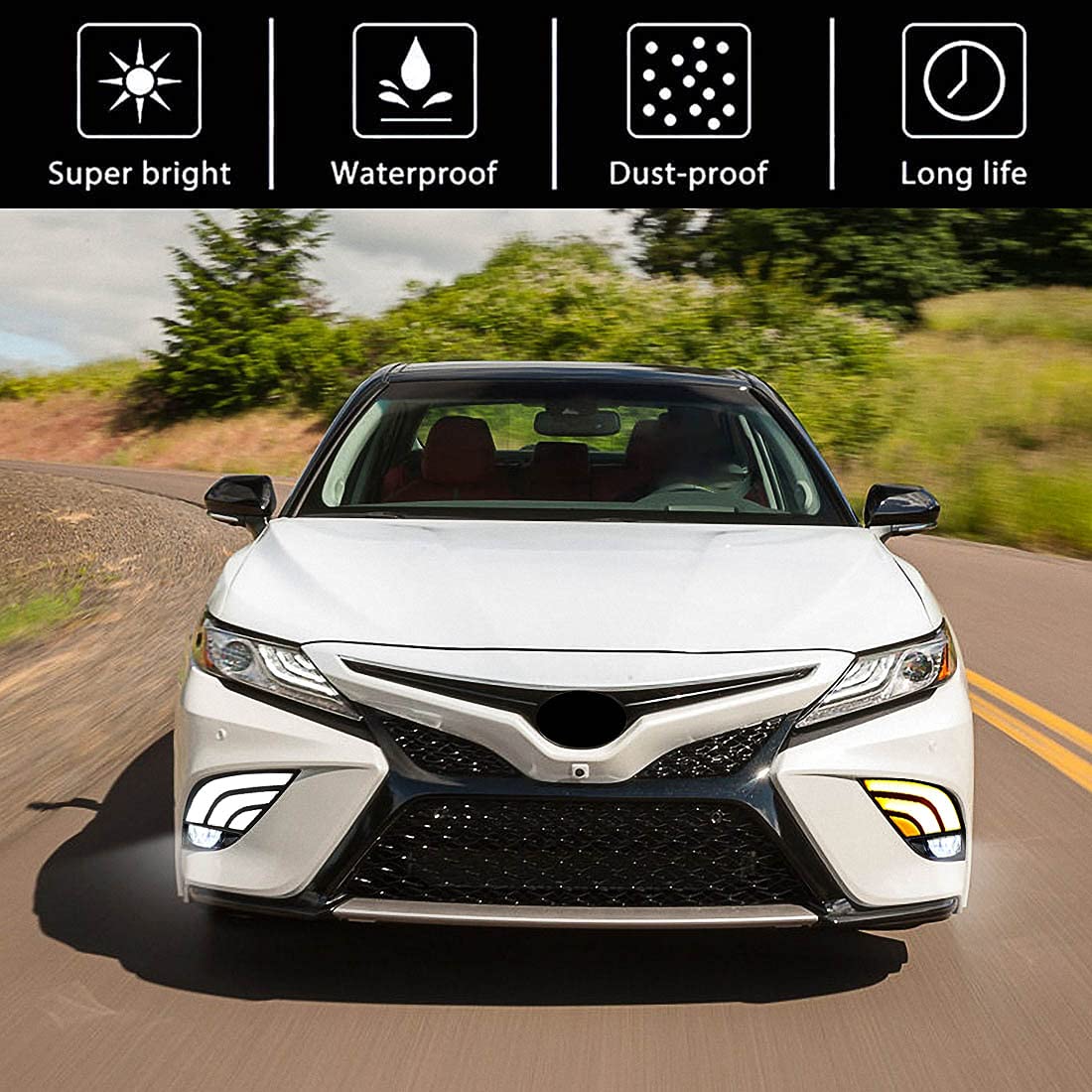 2018-2020 Toyota Camry LED Daytime Running Lights (DRL) with Fog Lights - Tri-Color DRL LED Turn Signal Lamps for Camry SE/XSE Models - Includes Bezel & Wiring Harness - Perfect for Night Driving & Enhanced Visibility